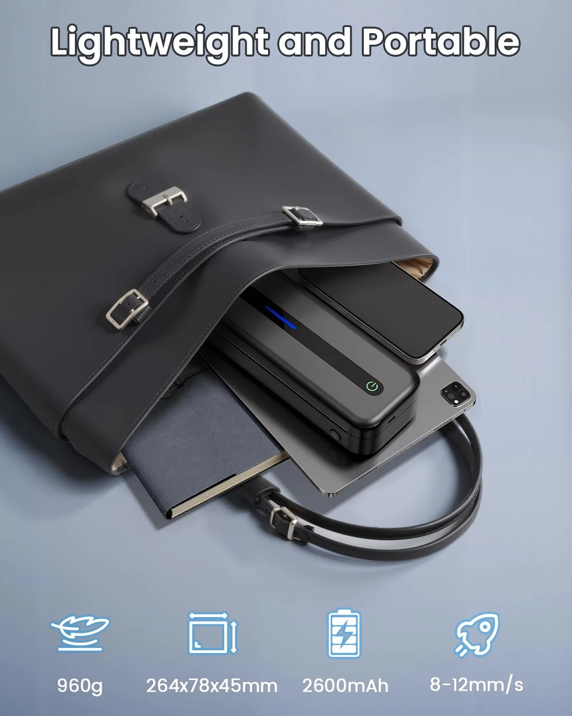 Imprimante Thermique Portable A4 Bluetooth 300DPI Sans Encre Noir