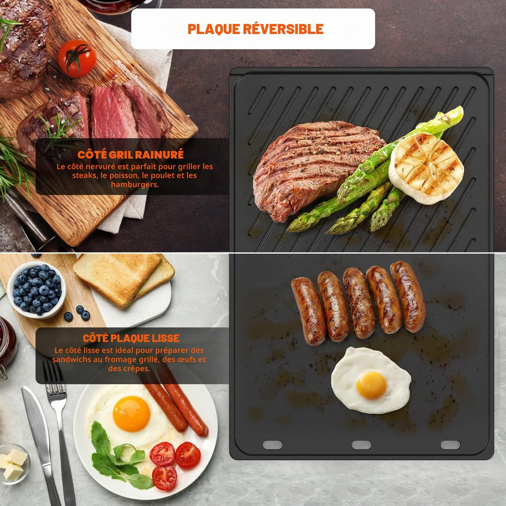 onlyfire Plaque de Cuisson en Fonte Réversible 44 x 29 cm pour Barbecue à Gaz Weber Spirit I et II 300