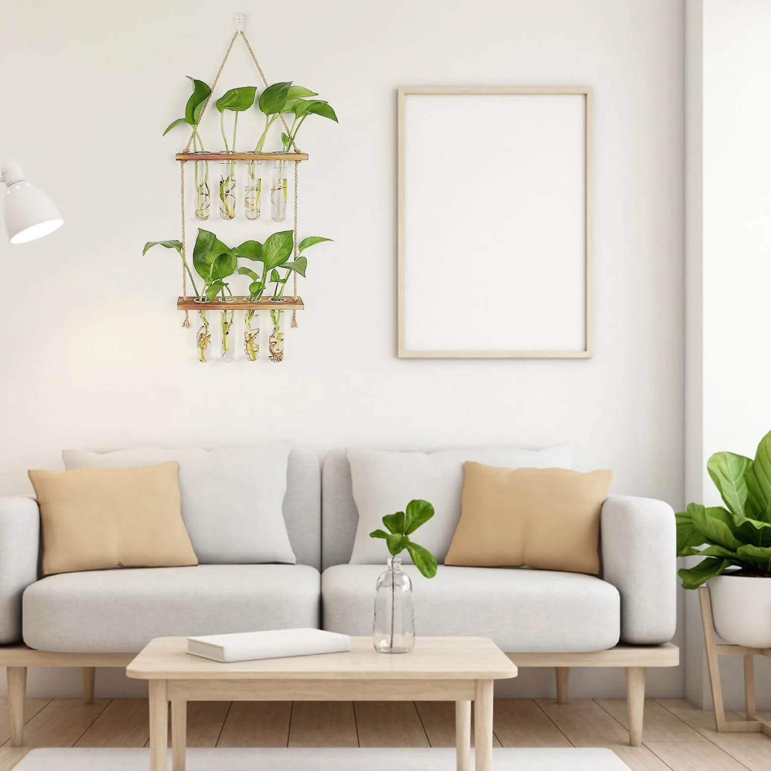 Vase Mural en Verre 2 Étage, 8PCS Vase Tube à Essai, Pot de Fleur avec Support en Bois, 42x20cm