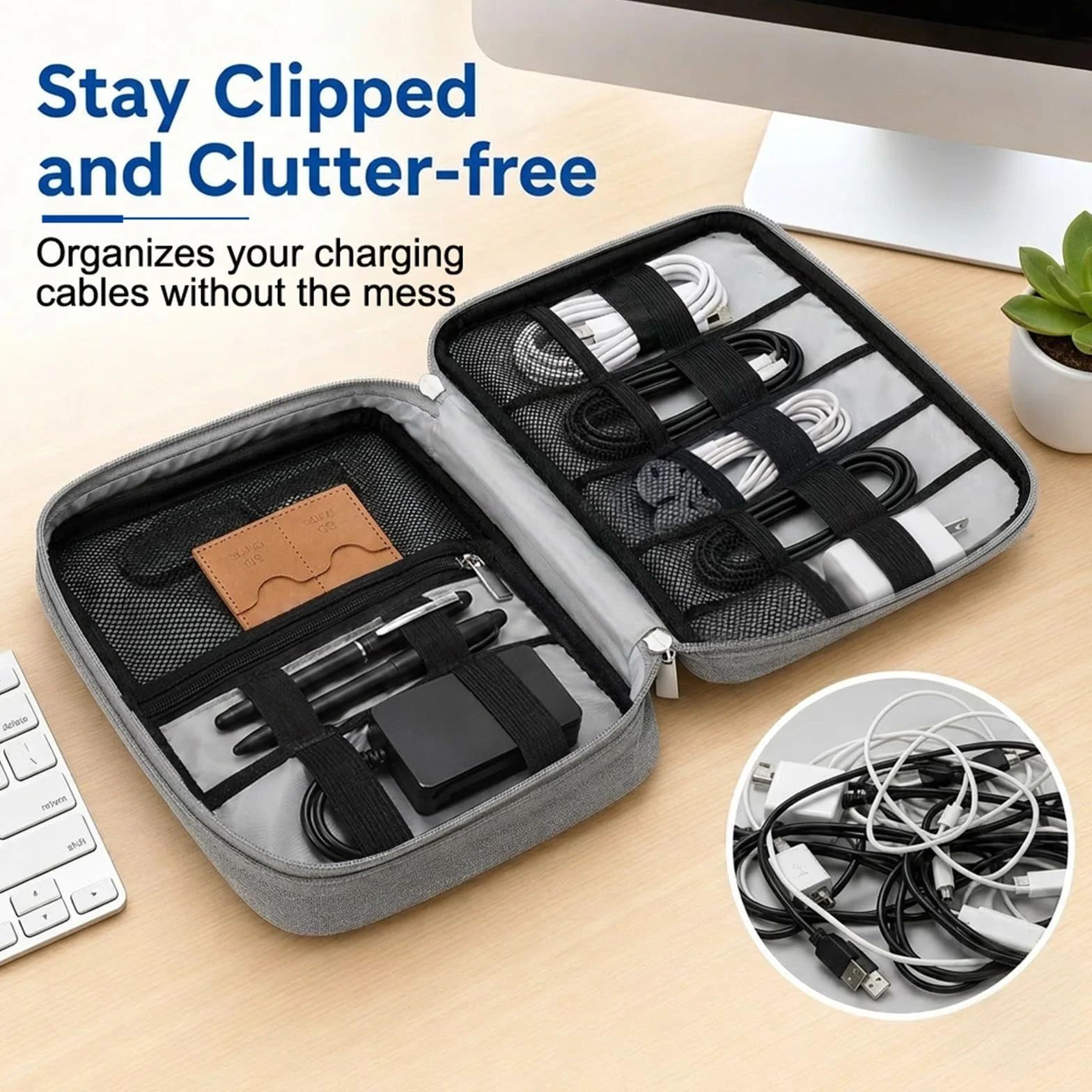 AiQInu Pochette Organisatrice Électronique avec Poche iPad Mini, Fente pour Carte SD, Gris