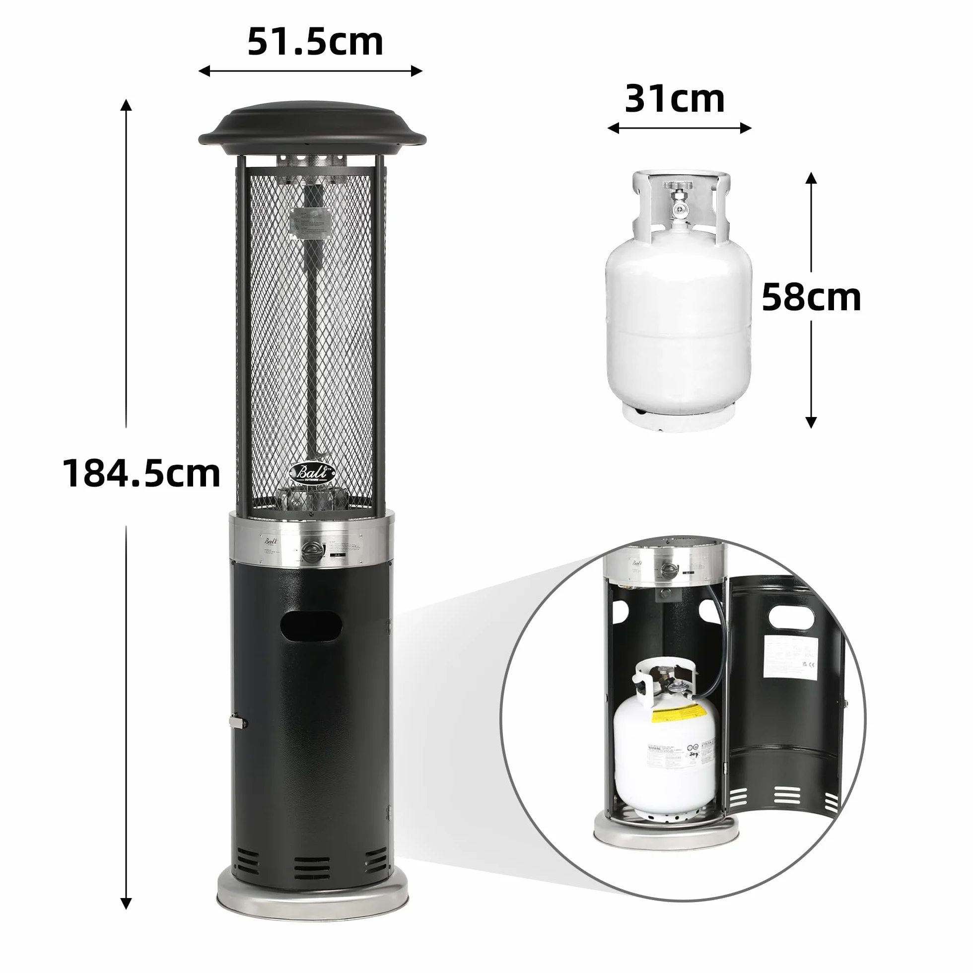 BALI OUTDOORS Chauffage de terrasse 11KW gaz extérieur mobile avec housse de pluie