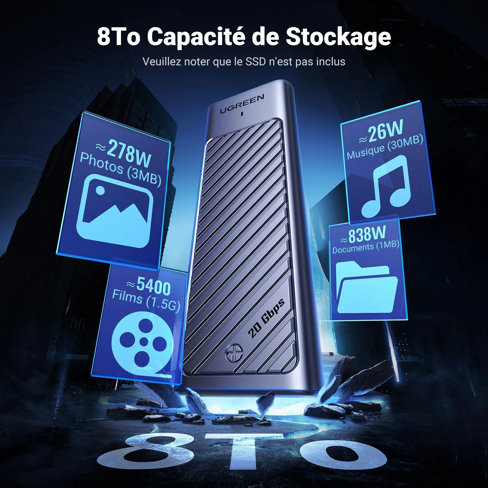 UGREEN Boîtier M2 SSD NVMe SATA 20 Gbps USB 3.2 Gen 2 Adaptateur Disque Dur Externe Aluminium M.2 2230 2242 2260 2280