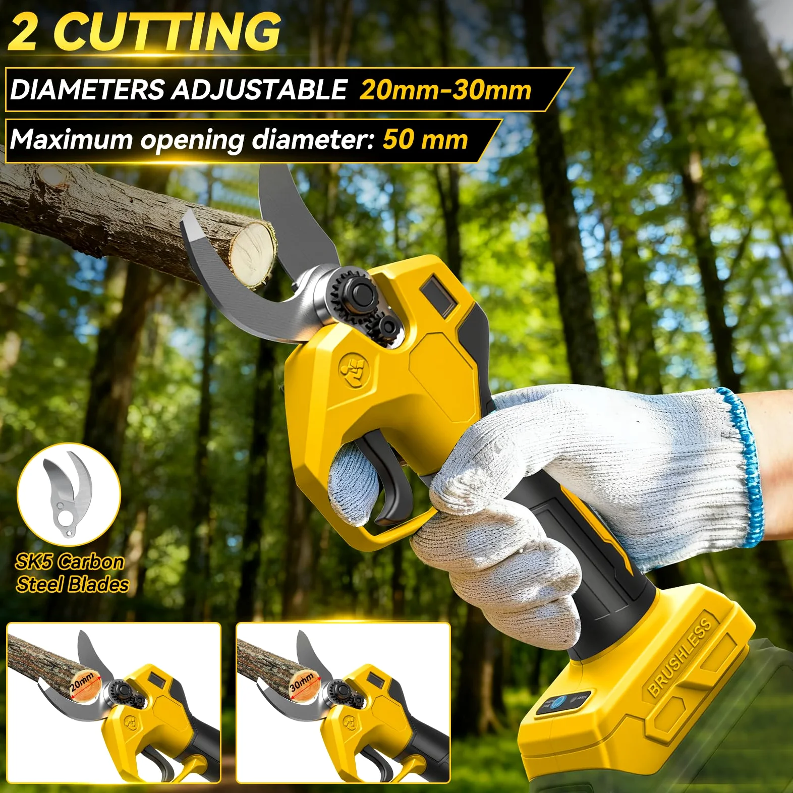 Tronçonneuse & sécateur sans fil 4 en 1 pour Dewalt 20V (sans batterie) | 8", tronçonneuse à tige, avec extension 2m, sécateur électrique 30mm, avec lame de rechange
