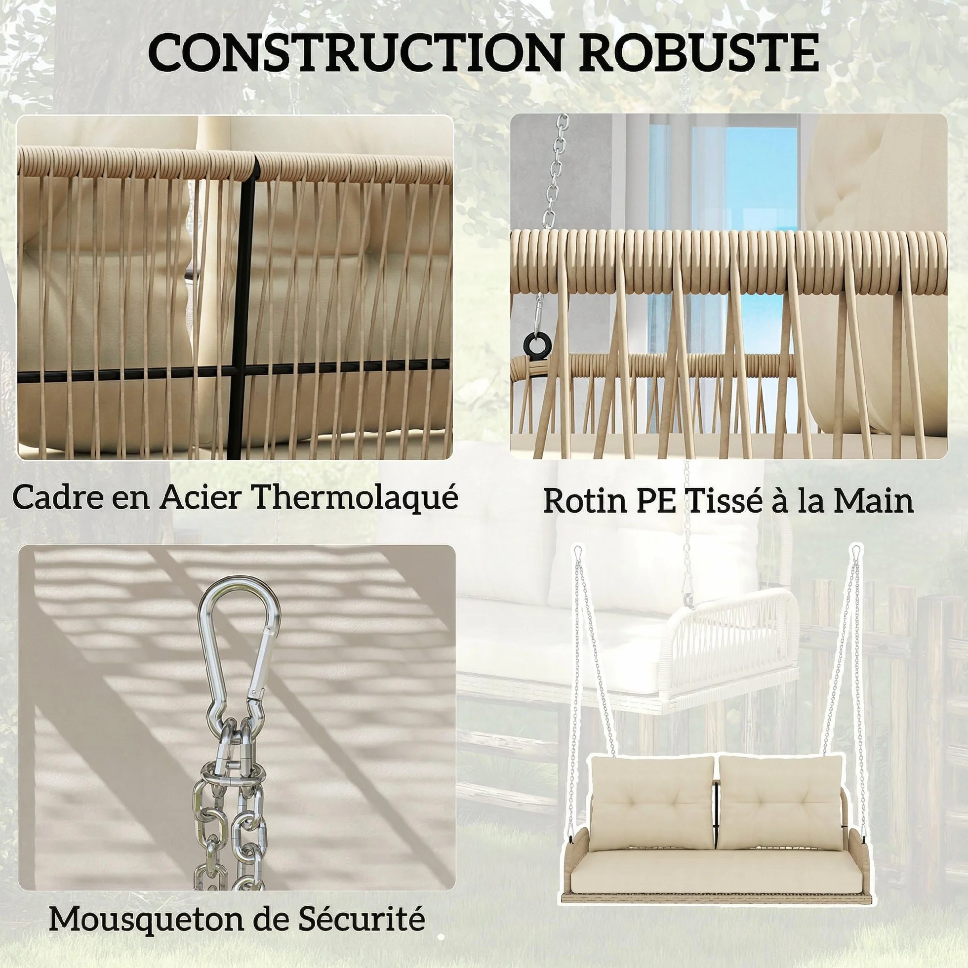 Outsunny Balancelle de Jardin en Résine Tressée 2 Places avec Coussins Amovibles, Charge 240 kg, 115x66x44cm, Beige