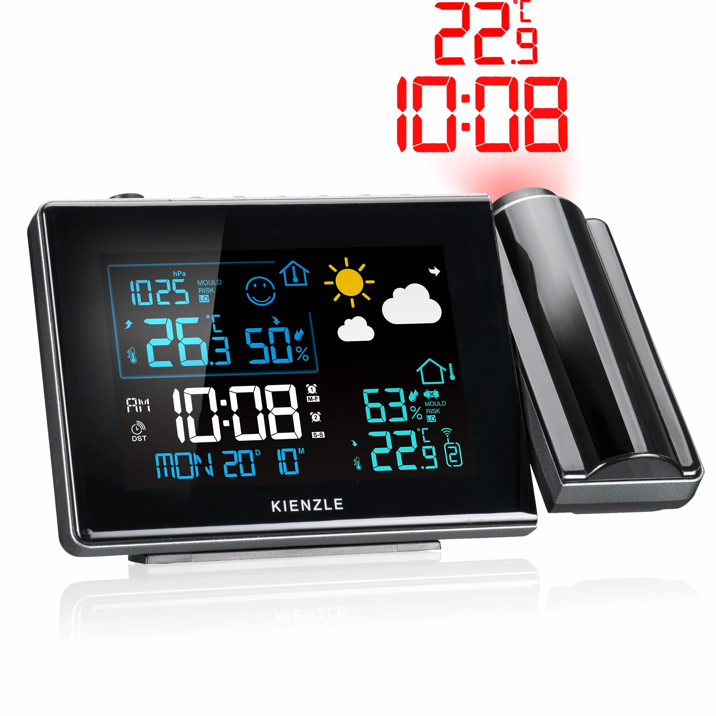 Station météo radio-pilotée Kienzle avec projection, écran couleur, capteur extérieur, alerte moisissure, 2 alarmes | Kienzle Station météo sans fil avec projection, indice moisissure