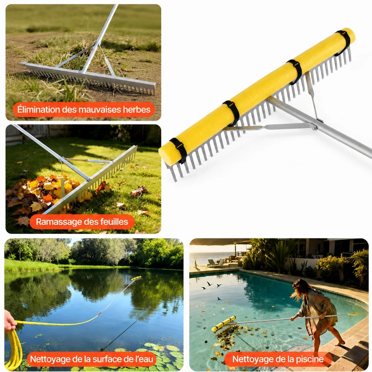 Râteau en Aluminium pour Feuilles et Mauvaises Herbes Aquatiques, Outil Manuel avec Manche et Corde pour Bassin, Piscine, Jardin et Nettoyage des débris flottants