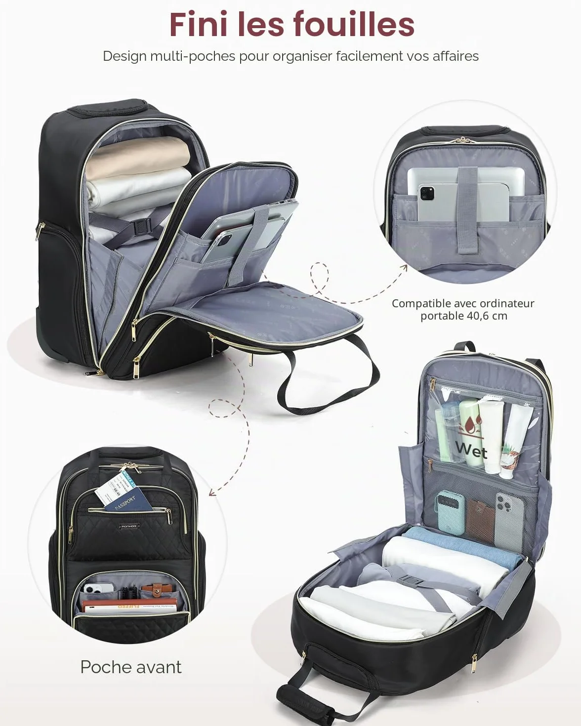 Ponhog Sac à Dos à roulettes pour Femme 35 L 17,3" Ordinateur Portable Voyage