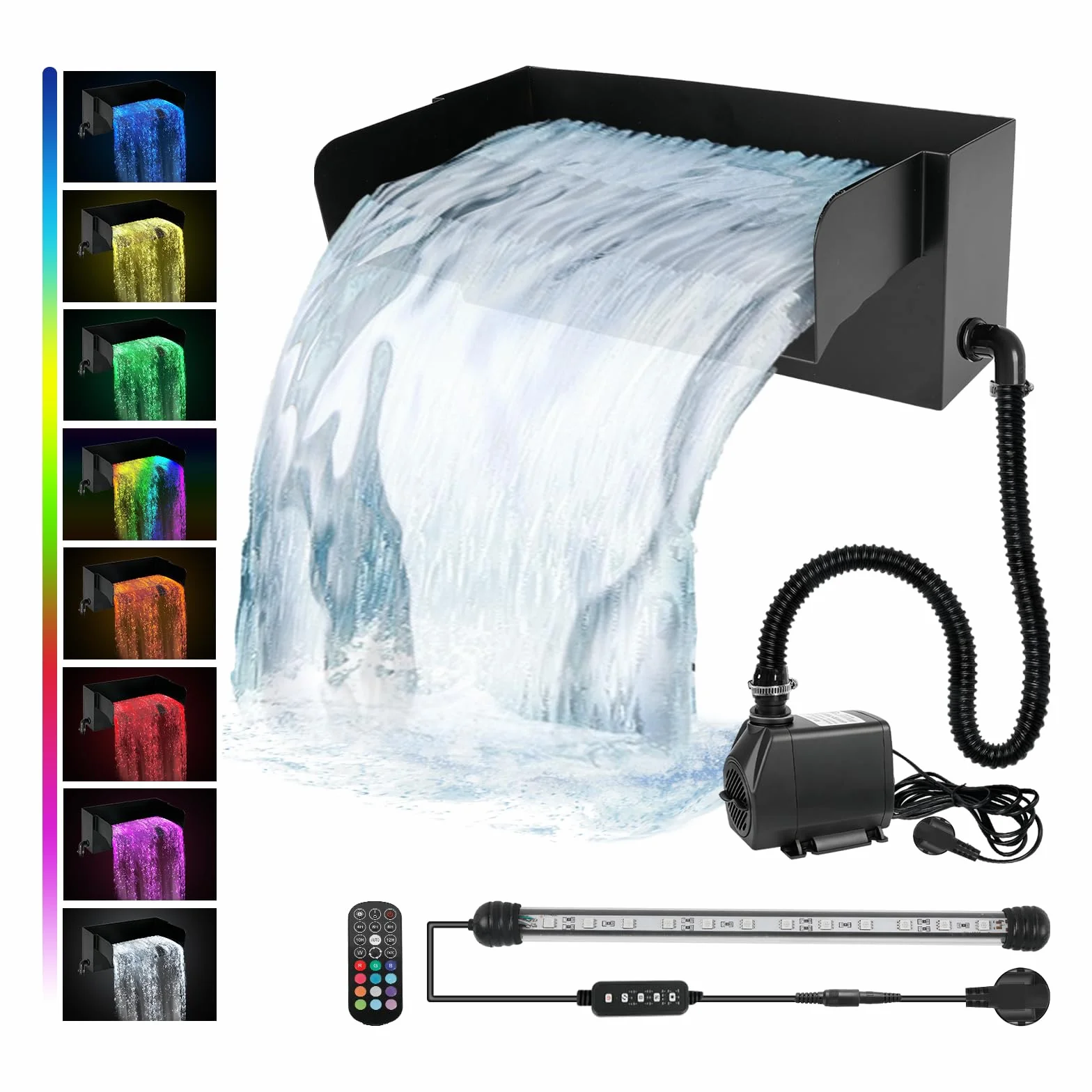 Cascade d'étang 30 cm LED Déversoir Kit Cascade Bassin 45 W 3000 l/h Pompe Télécommande