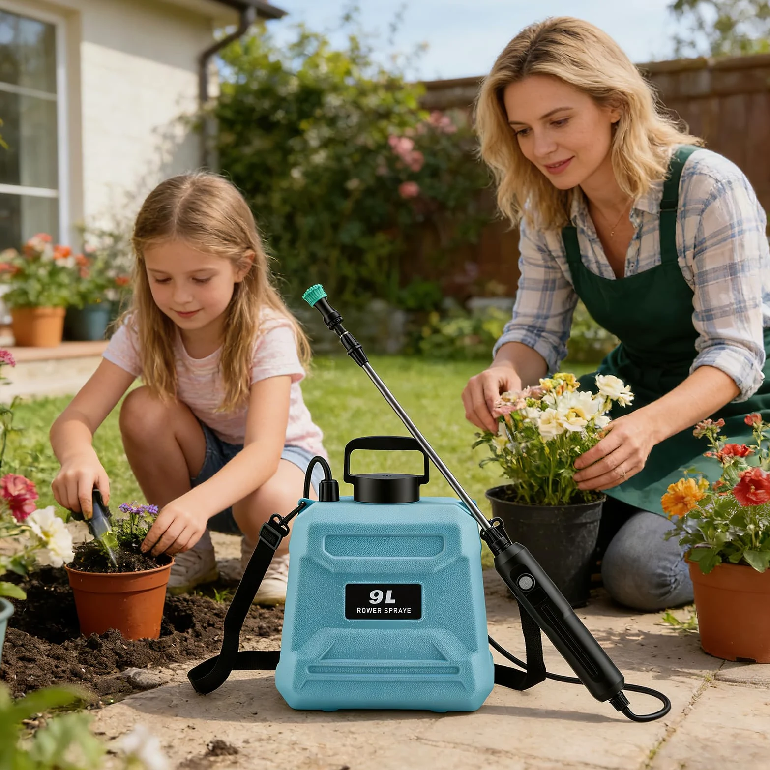 Pulvérisateur électrique à batterie 9 l, moteur en cuivre 3,7 V avec batterie 1500 mAh, autonomie de 200 min, 3 buses + lance télescopique jusqu'à 80 cm, charge USB-C, pulvérisateur de jardin pour