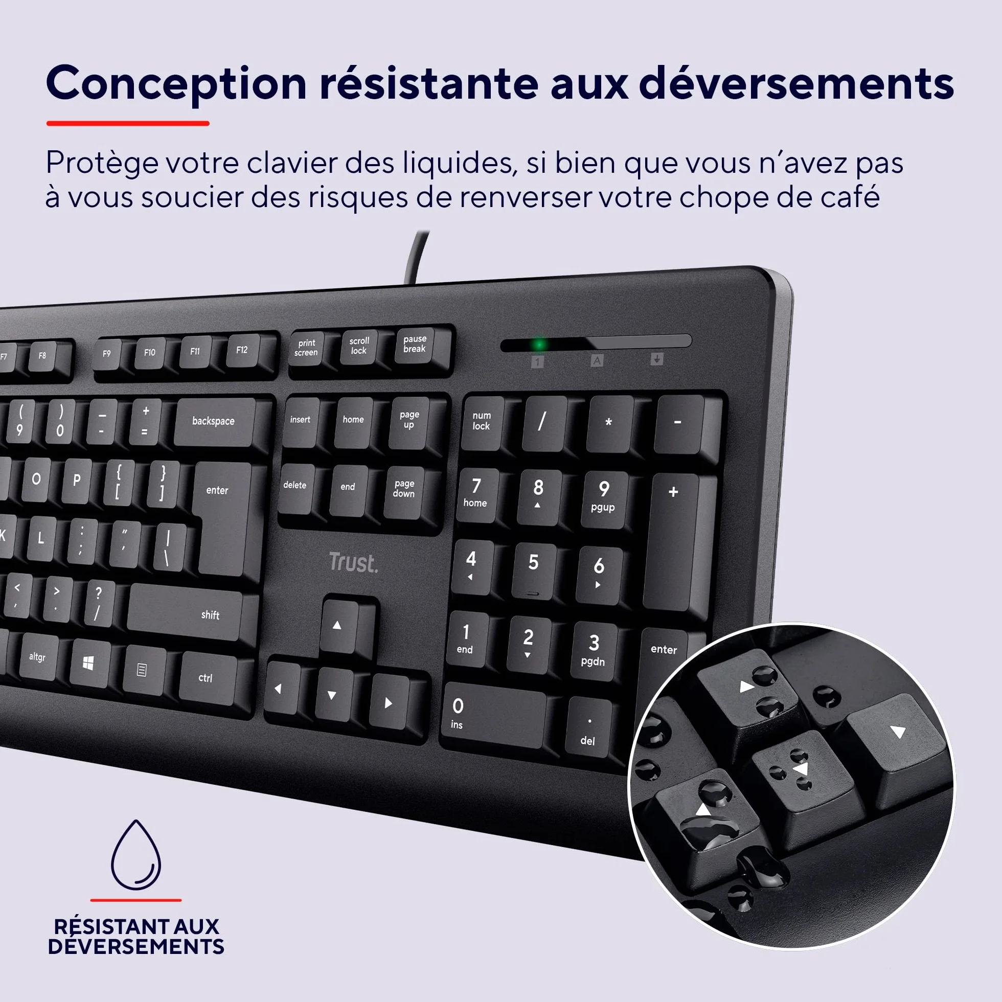 Trust Taro Clavier Filaire AZERTY Français Résistant aux Éclaboussures Silencieux USB 1.8 m Touches Plates Noir