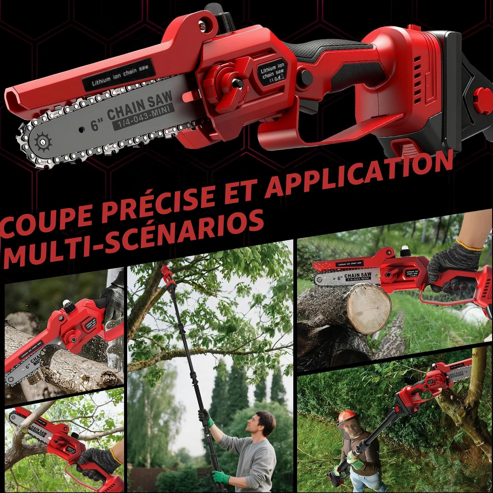 Mini Tronconneuse avec Perche 6 Pouces & Secateur Electrique Telescopique 55 mm, 4 en 1 Élagueuse sur Perche avec 2 * 2000 mAh Batteries, Portée Maximale 4,5 m