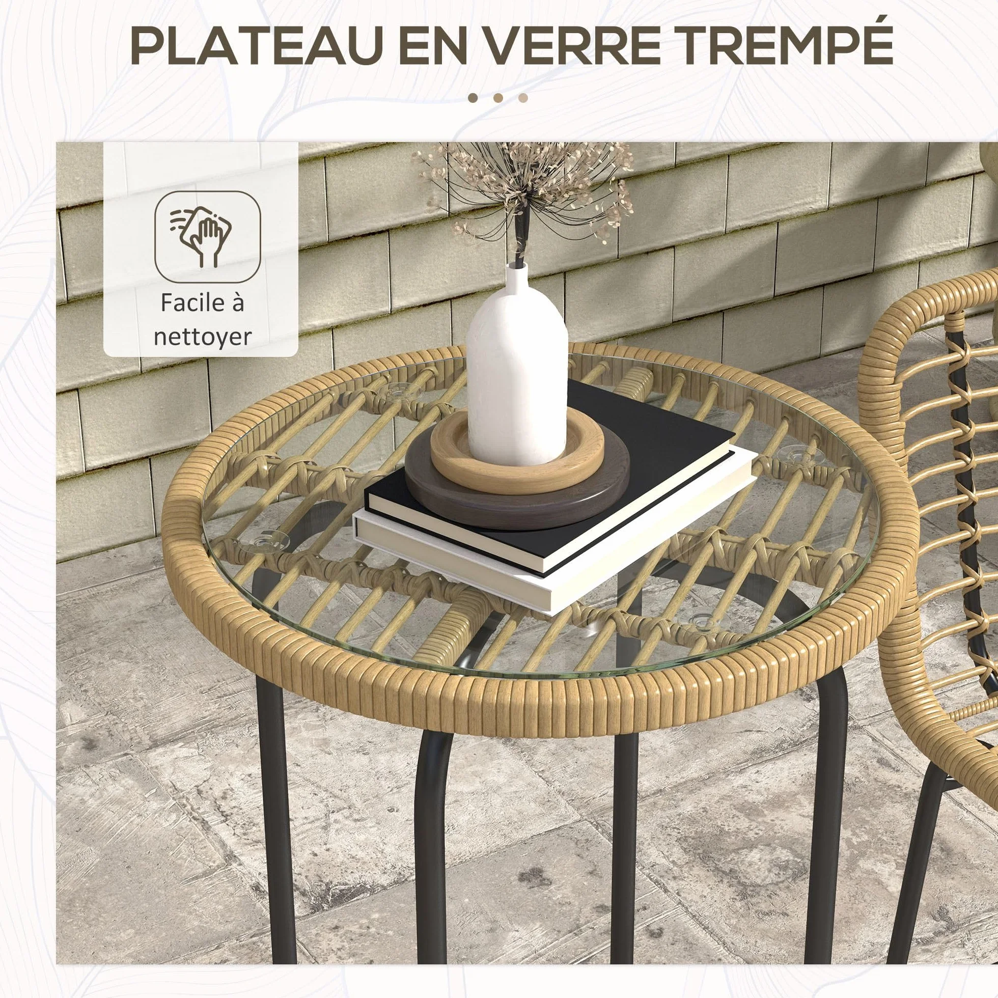 Outsunny Ensemble de Bar de Jardin 3 pièces Table Haute Ronde Design bohème + 2 tabourets Ronds Repose-Pied métal Naturel Noir