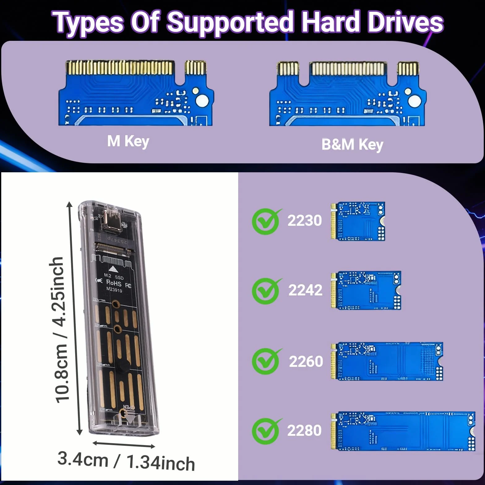 Boitier SSD M.2 Nvme, Adaptateur M2 Sata USB 3.1 USB-C pour NGFF 2230 2242 2260 2280