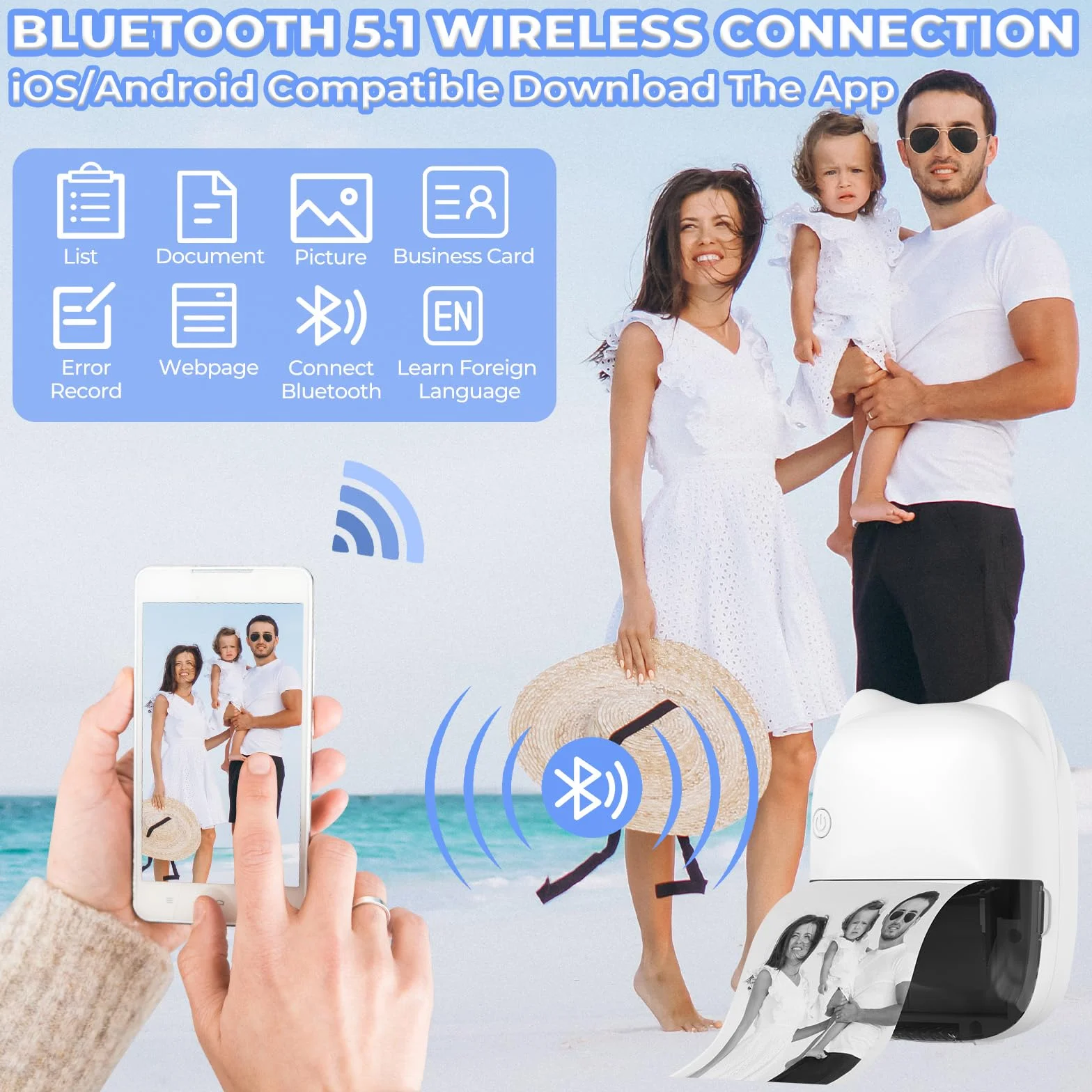 Mini Imprimante Portable Thermique sans Fil Bluetooth avec 14 Rouleaux de Papier pour iOS Android Notes Photos Journal