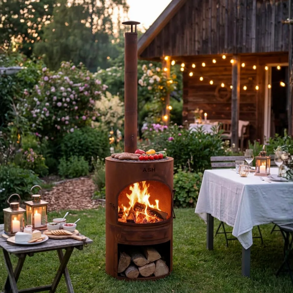 Foyer de terrasse - Poêle à bois - Barbecue - Chauffage de terrasse - Cheminée de jardin avec cheminée - Acier Corten - Ash Sunset