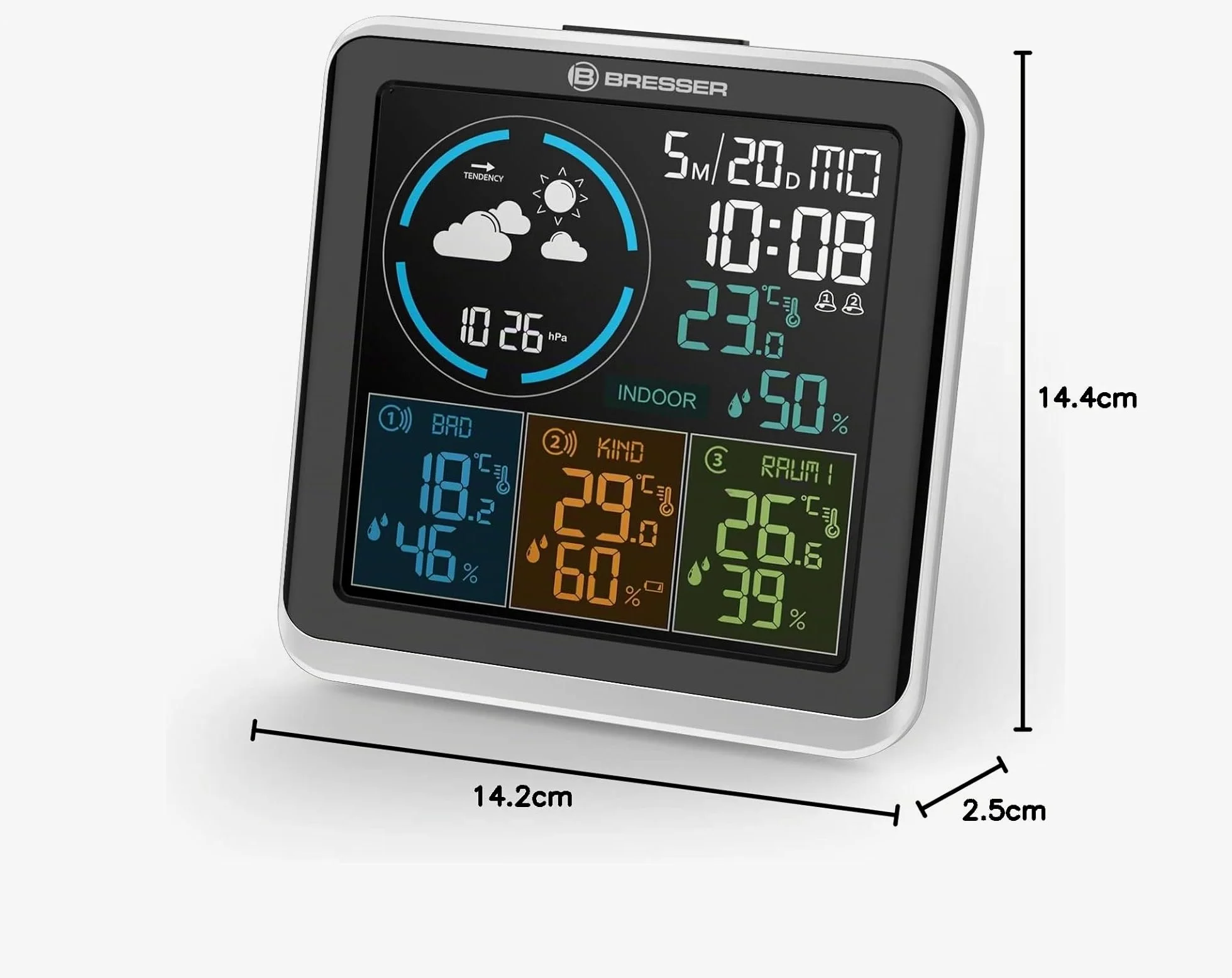 Bresser Station météo sans fil avec capteur extérieur Quadro Individio avec 4 points de mesure différents, 3 capteurs extérieurs pour la température et l'humidité de l'air | Bresser Quadro Individio Station météo sans fil, 3 capteurs, couleur