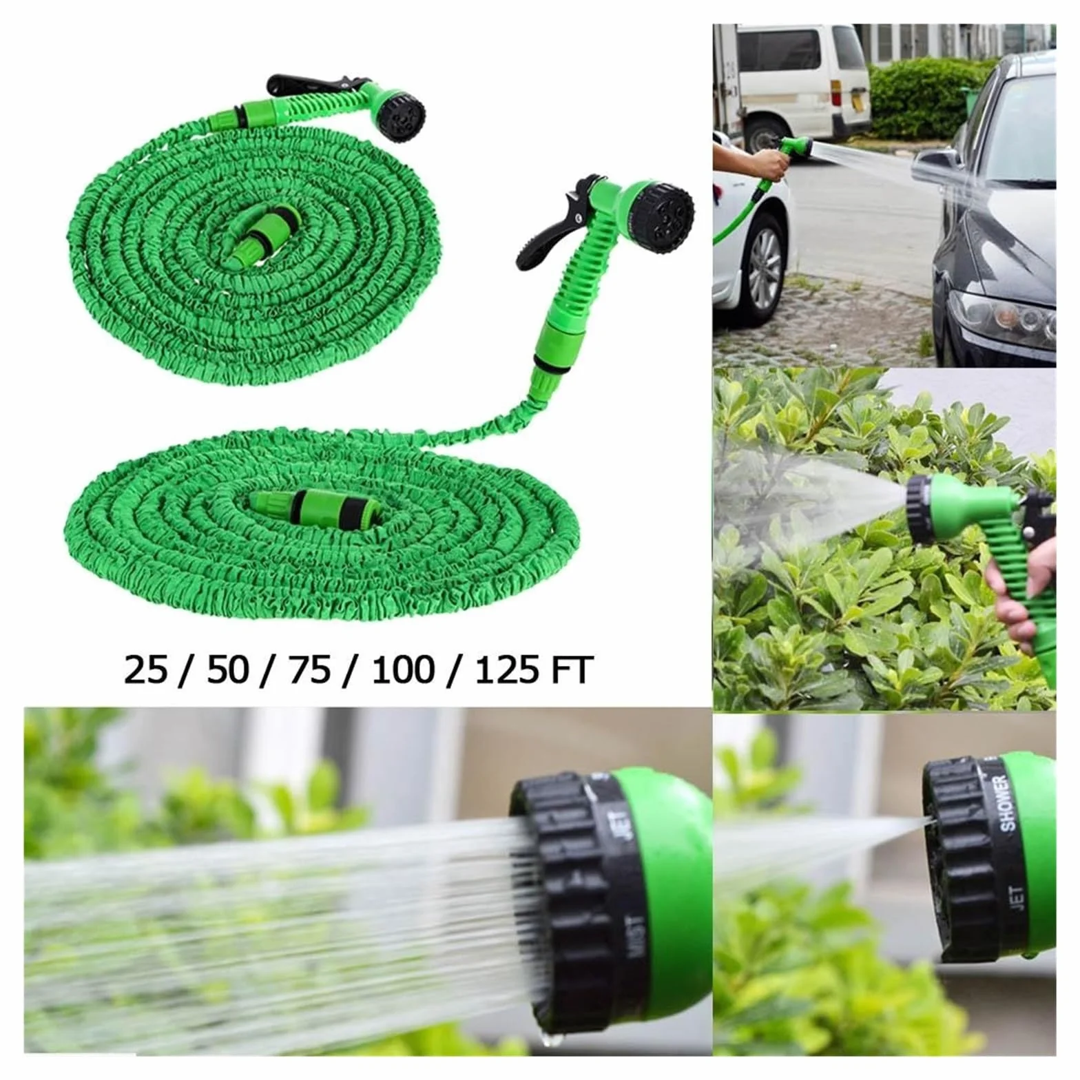 Pistolet d'arrosage avec embout multi-jets, Tuyau d'arrosage en tissu extensible avec pulvérisateur, multicolore, 25 à 200 pieds(Green,125ft)