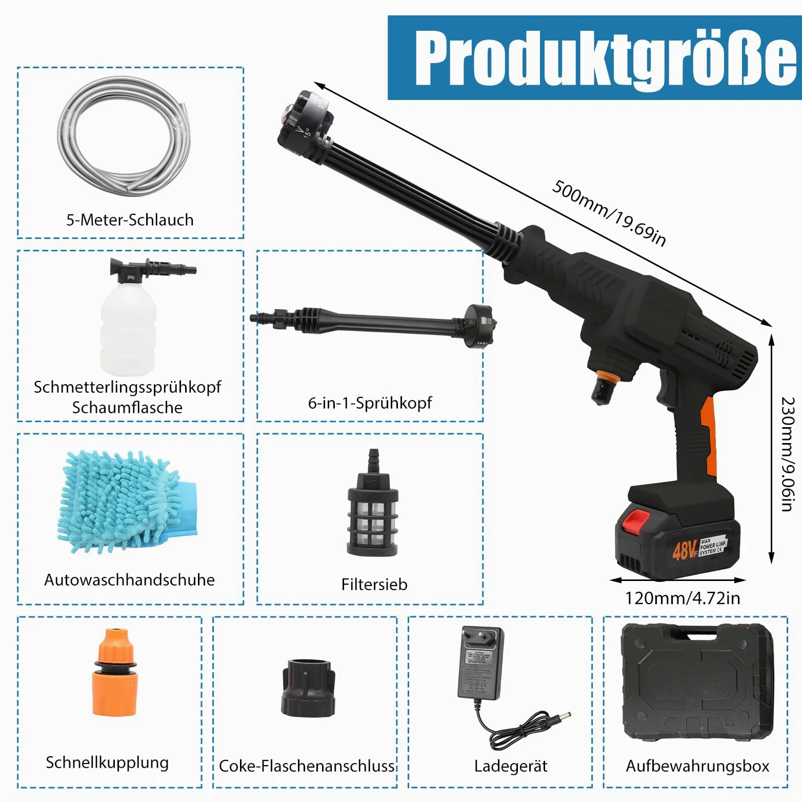 Nettoyeur haute pression sans fil, max 120 bar, 2 batteries Li-ion, pistolet de nettoyeur haute pression portable, avec tuyau de 5 m, buse rotative 6 en 1 et 180°, pulvérisateur à mousse, etc