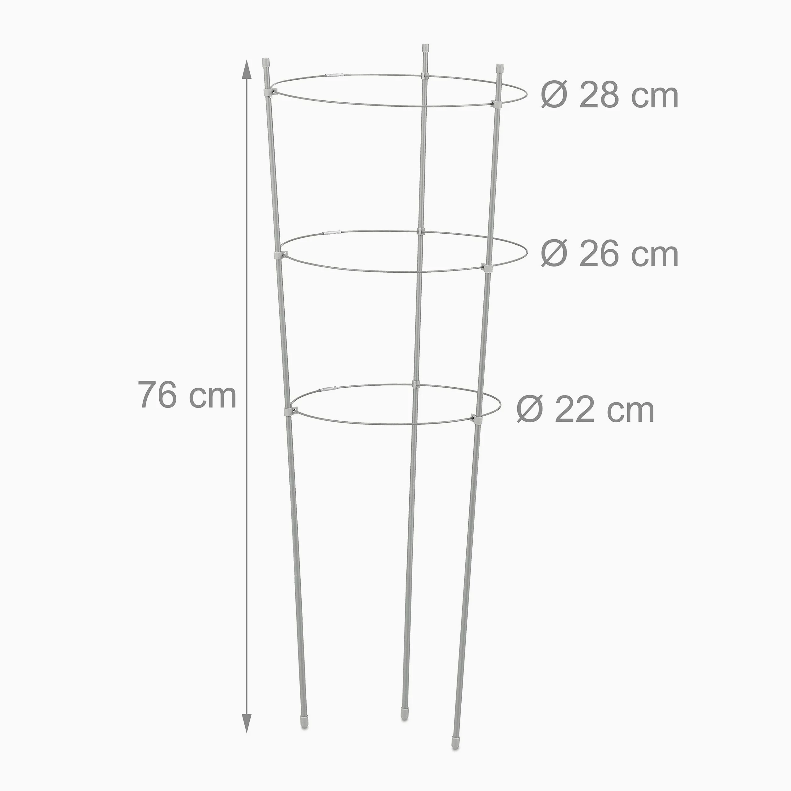 Relaxdays Tuteur à tomates en Lot de 6, métal et Plastique, Hauteur : 76 cm, 3 Anneaux réglables, pour Plantes, Gris