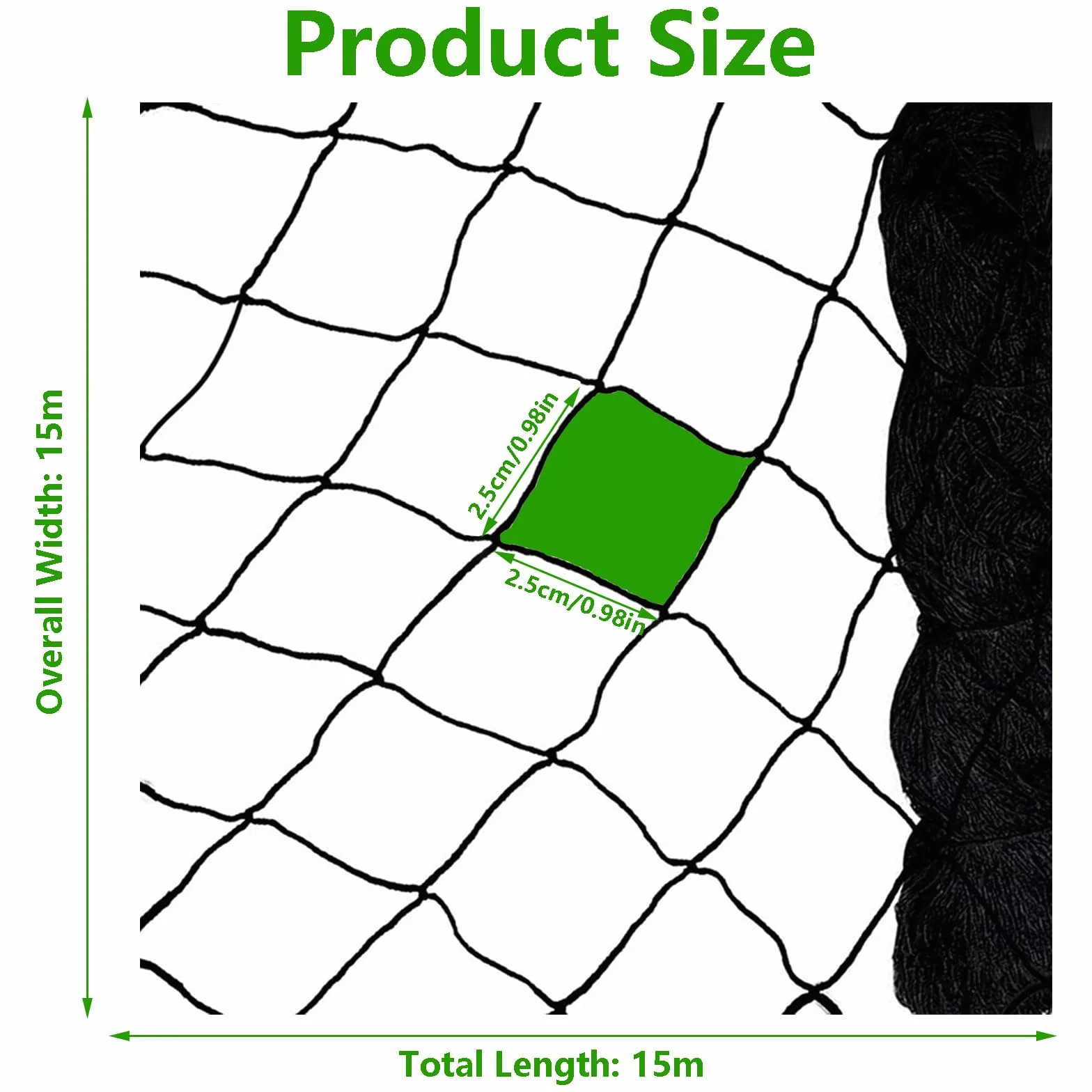 Filet Anti Oiseaux Noir 15m x 15m, Protection Jardin Plantes Raisins, Mailles 2.5 x 2.5 cm