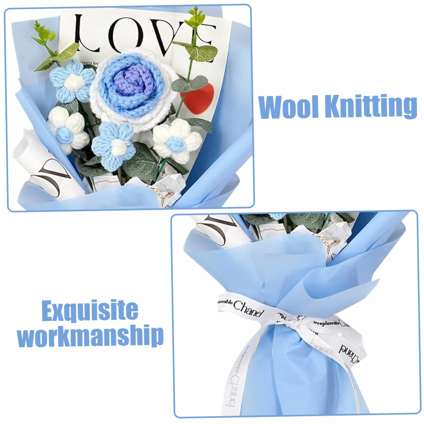 Bouquet de Fleurs au Crochet Roses 7.9x11.8" 5 Têtes Tricotées Mariage Bleu