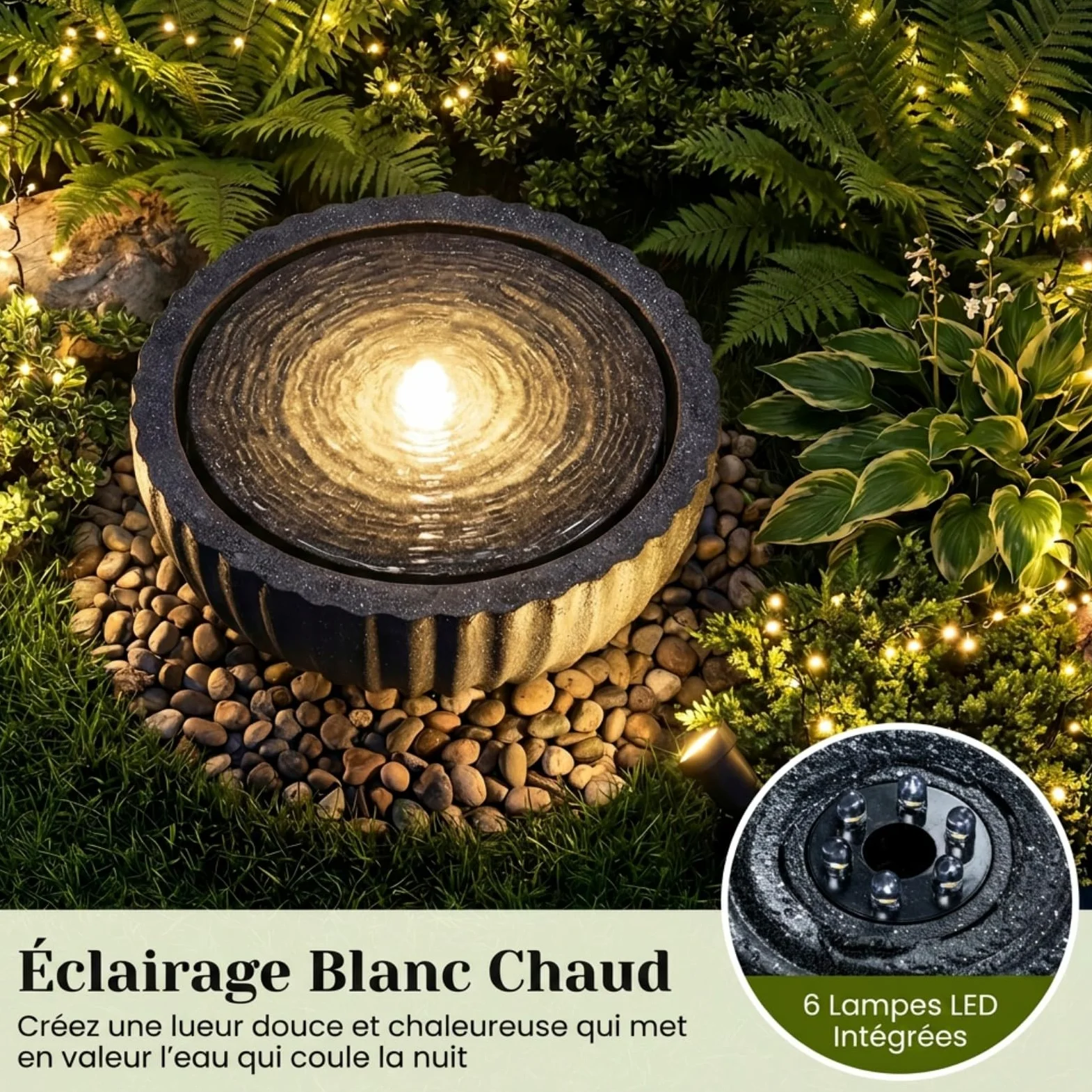 COSTWAY Fontaine Solaire d'Extérieur, Fontaine de Jardin Décorative avec 6 LED, Cascade Décoration en Forme de Bol Aspect Pierre en Résine Fibre de Verre pour Terrasse/Balcon, 45 x 45 x 23,5 cm