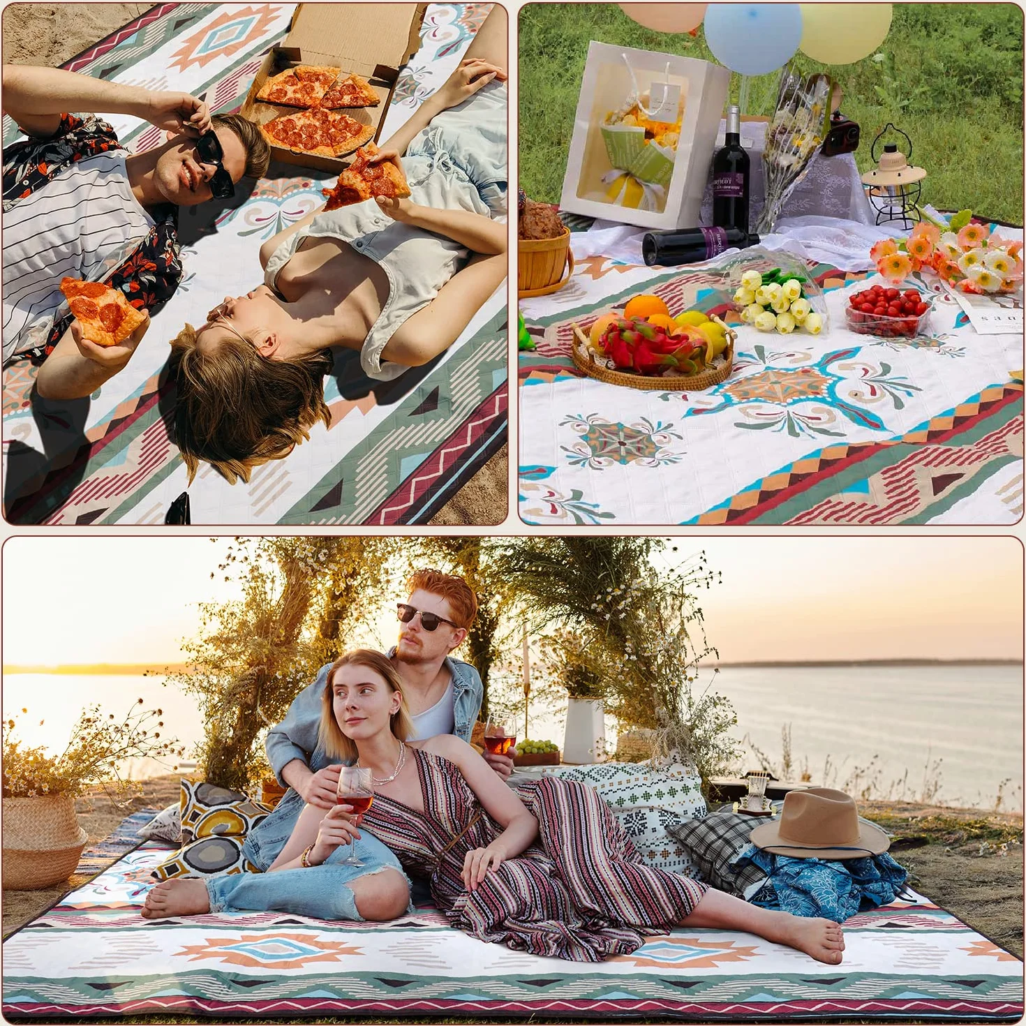 LARUTAN Grande couverture de pique-nique imperméable, 200 x 200 cm, tapis de plage avec poignée de transport, résistant au sable et à la chaleur, pour camping, plage, pique-nique familial, Seattle