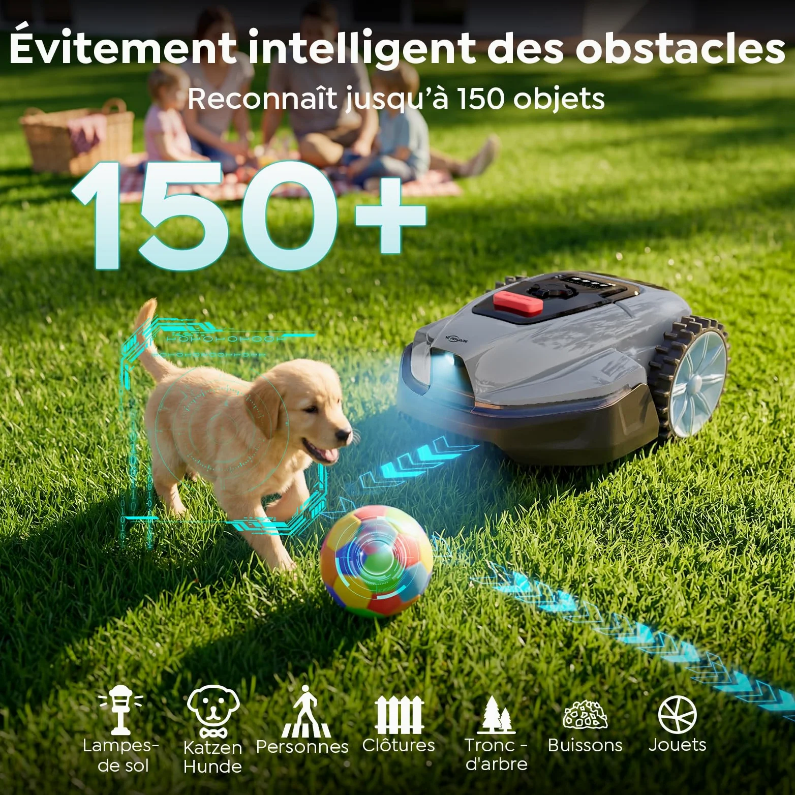 YARDCARE V3 Robot Tondeuse sans câble périphérique, avec Navigation visuelle, détection 150+ Obstacles, contrôle Via appli, 50 DB, Robot Tondeuse pour Petits et Moyens Jardins, Bandes magnétiques