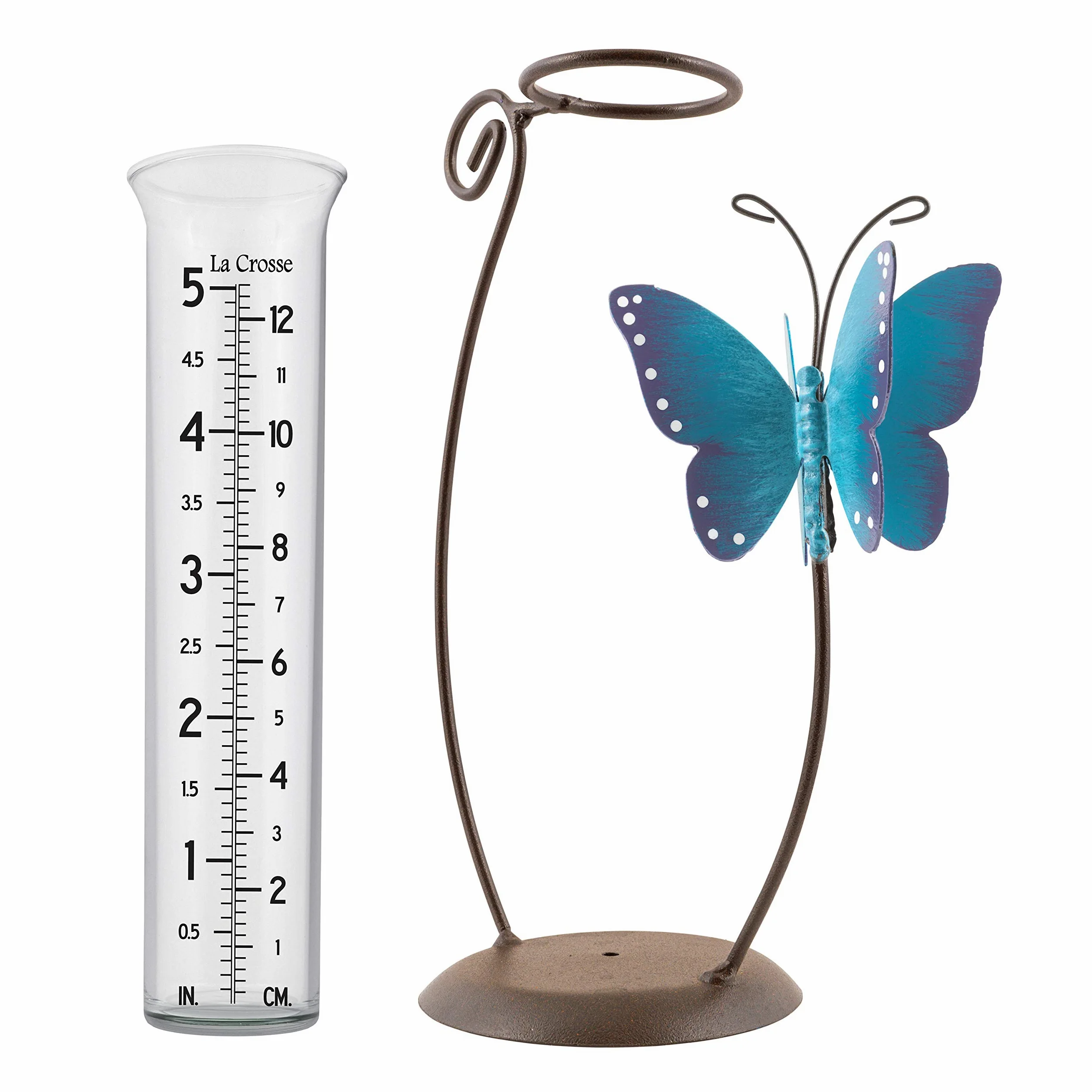 La Crosse 704-71077-INT Pluviomètre en verre Motif papillon Bleu Bronze Capacité 12,7 cm