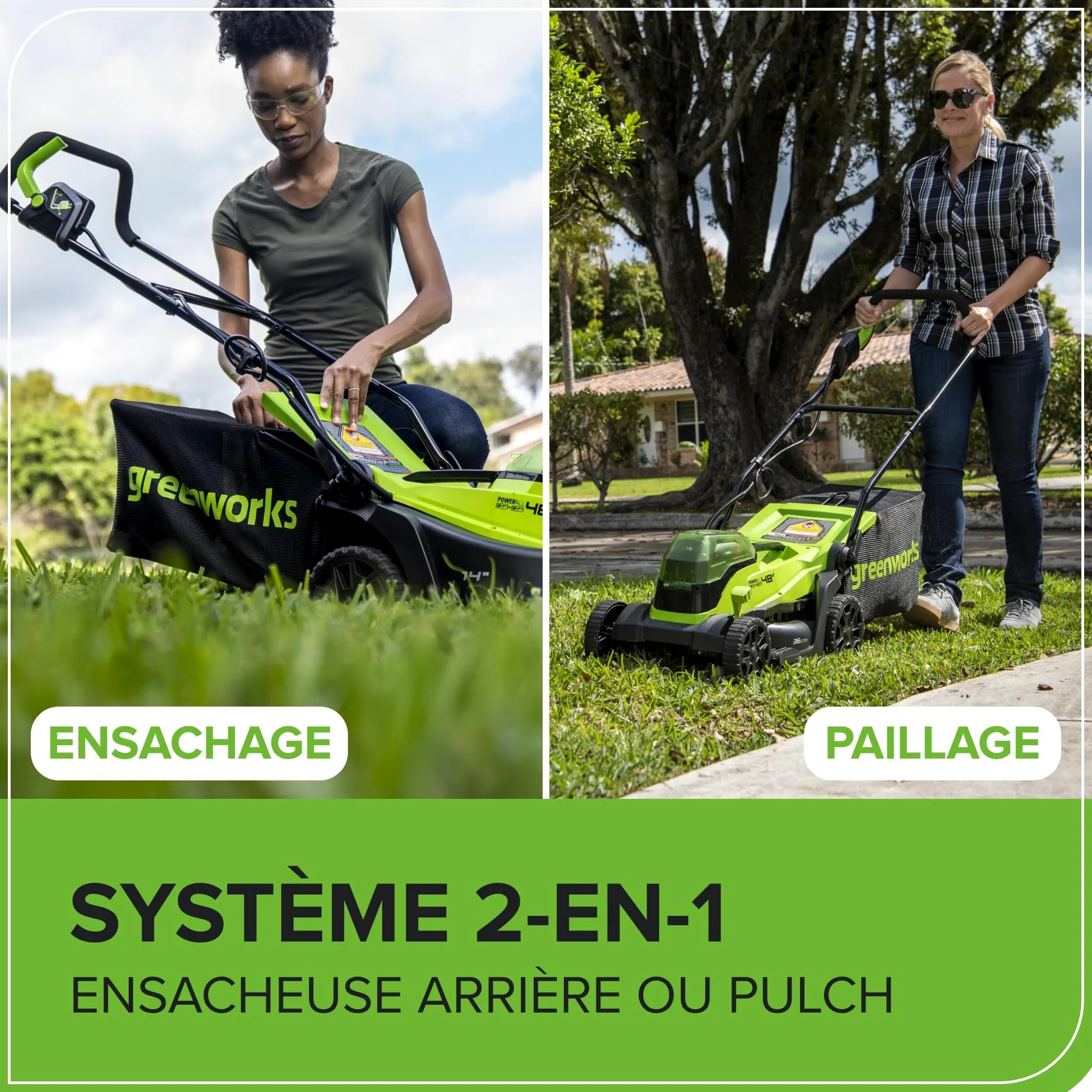 Greenworks 48V (24V x 2) Tondeuse à gazon sans fil , 36cm largeur jusqu'à 200m² ,40L Sac de Ramassage avec batterie 2x2Ah et chargeur à double fente, Garantie 3 Ans, GD24X2LM36K2x