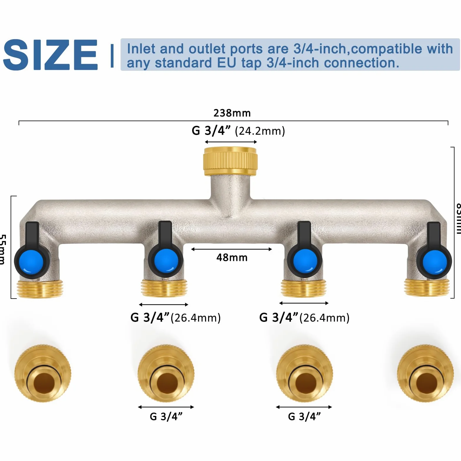 Distributeur d'eau 4 voies en laiton pour 4 appareils/tuyaux d'arrosage, 4 adaptateurs 3/4" 1/2" avec robinet à boisseau sphérique pour régler et fermer le débit d'eau