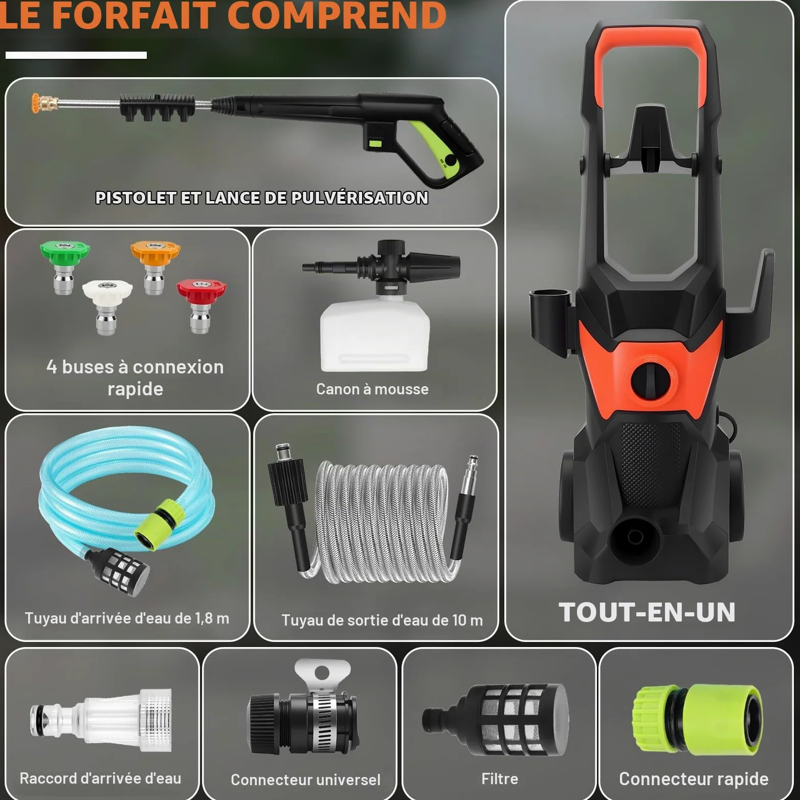 KAOLALI Nettoyeur Haute Pression électrique, 3000 W, Débit 336 L/h | Tuyau Haute Pression de 10m, avec 4 Buses, Lance à Mousse, pour Surfaces Extérieures et Autos