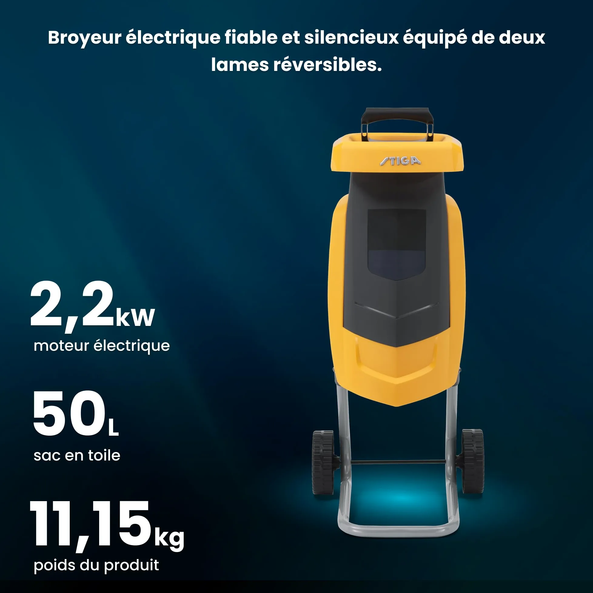 STIGA Bio Master 2200 Broyeur Électrique, 2 200 W, Sac 50 L – Disque 2 Lames Réversibles, Poussoir Inclus – pour Déchets De Jardin