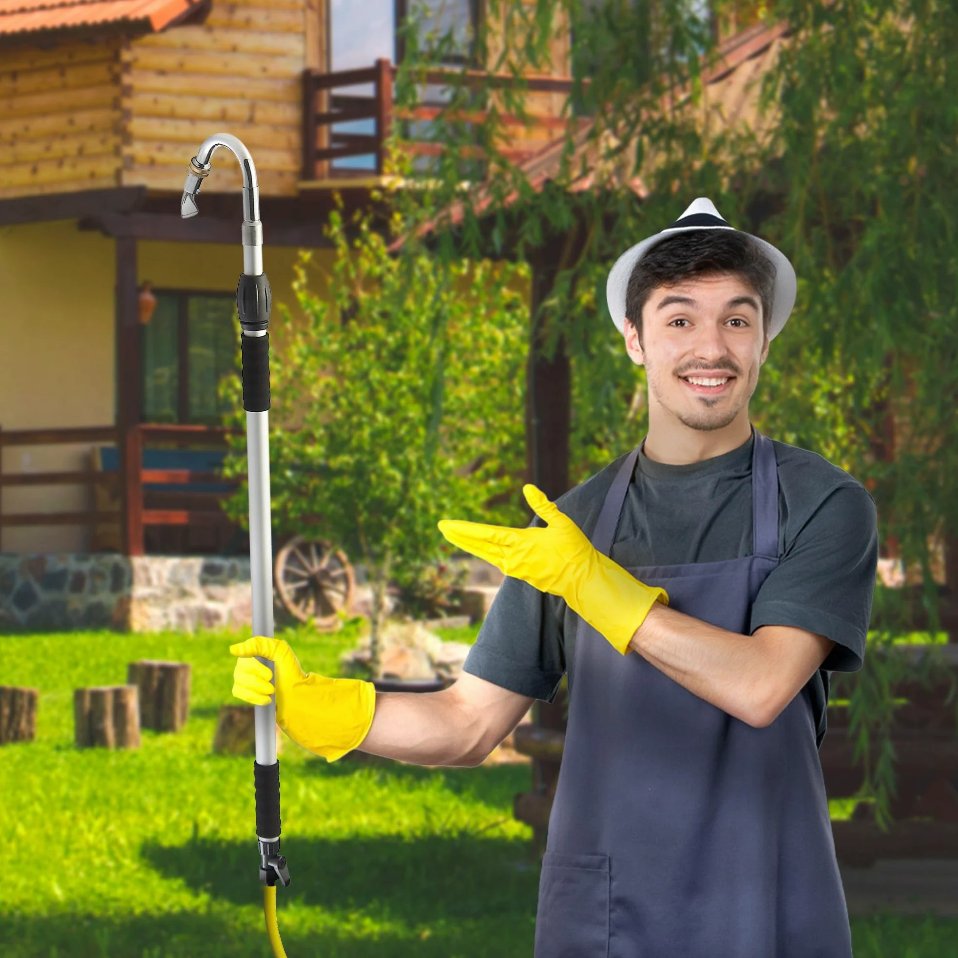 FISHTEC Lance de Nettoyage pour Gouttière avec Manche Télescopique - Buse Coudée et Orientable pour Toiture - Raccord Universel et Vanne 1/4 de Tour - Hauteur de Travail 3,5 m Aluminium Léger