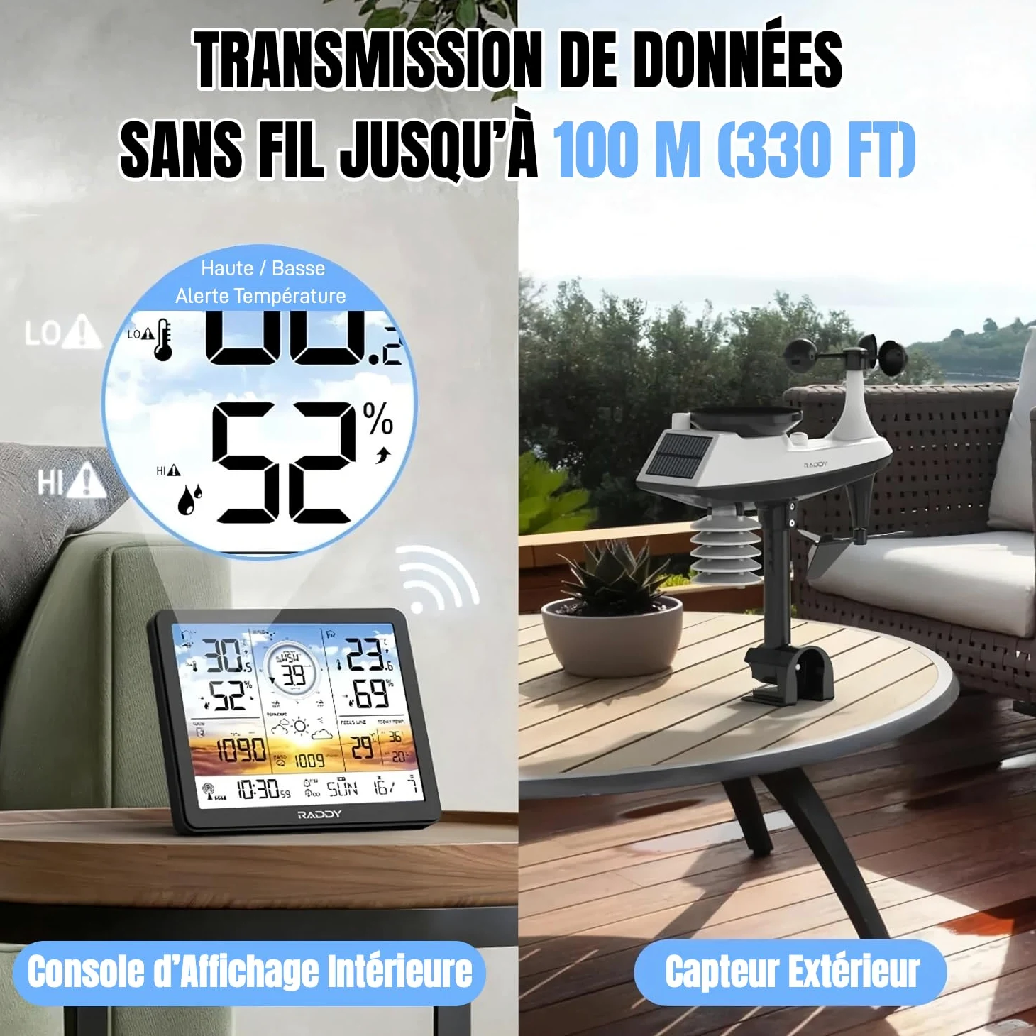Raddy AG7 Station météo sans fil, Thermomètre intérieur/extérieur, Écran numérique 7,4'' coucher de soleil, Horloge atomique, Contrôle température et humidité, Prévisions et pression barométrique