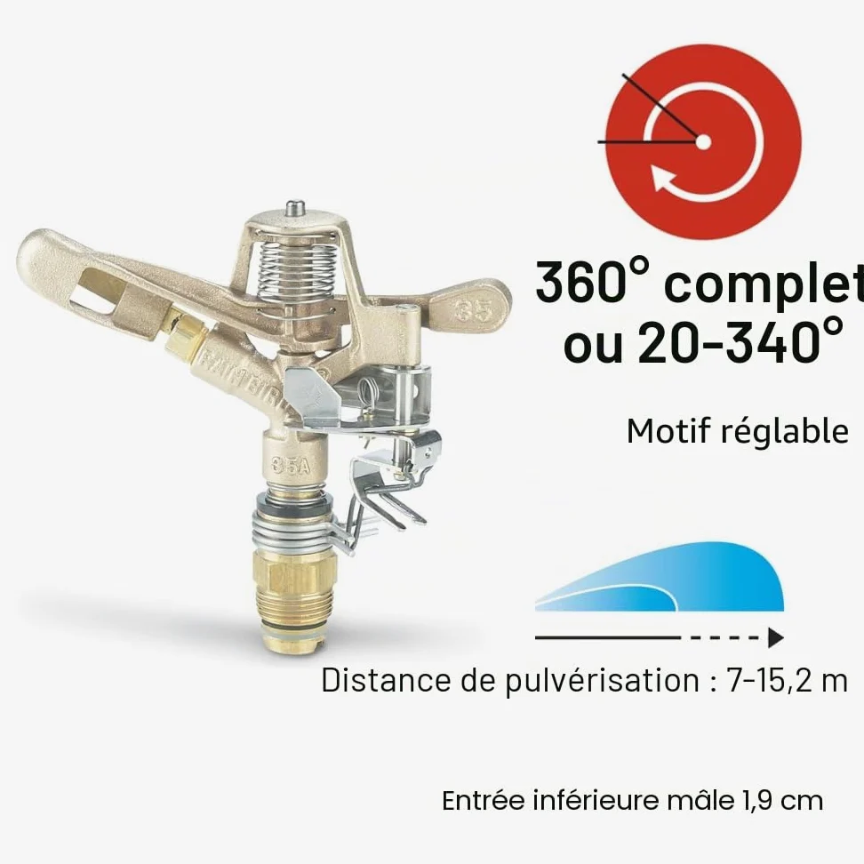 Rain Bird 35ADJTNTB Arroseur à Impact en Laiton, modèle réglable de 0 ° à 360 °, Distance de pulvérisation de 7,9 à 15,2 m