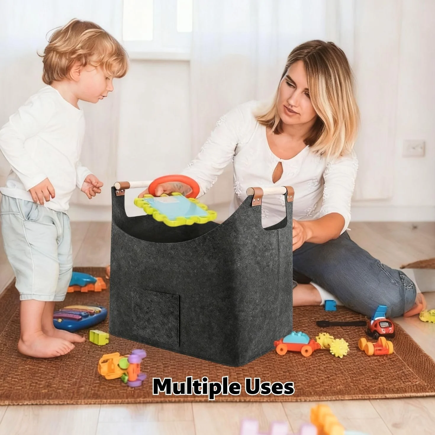 Panier à Bois en Feutre Pliable Gris Foncé avec Poche, Grand pour Intérieur Journaux et Jouets