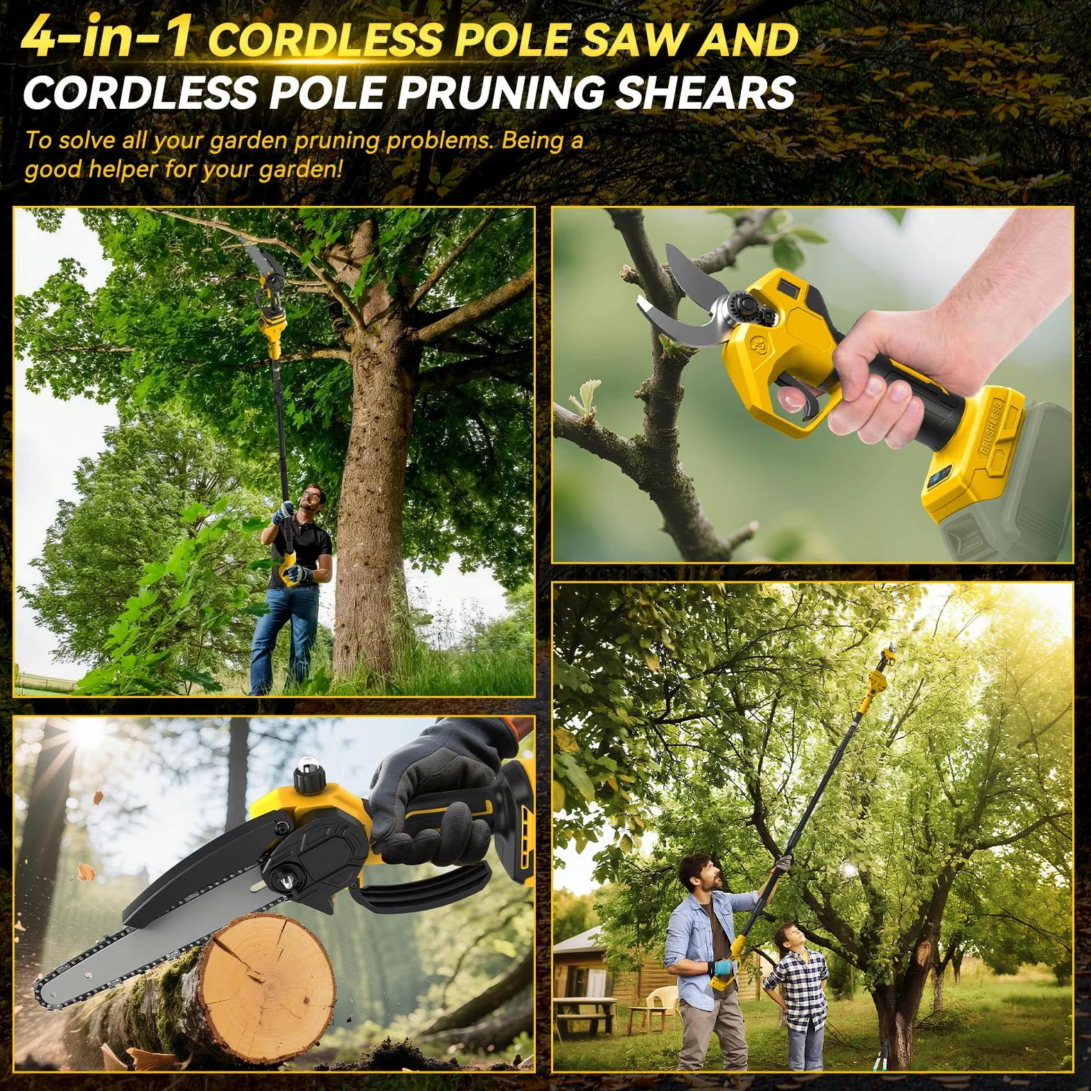 Mini Tronconneuse avec Perche 8 Pouces & Secateur Electrique 28 mm | Telescopique, pour Dewalt 18 V, 20 V batterie, 4 en 1 Élagueuse sur Perche, Portée Maximale 4,5 m