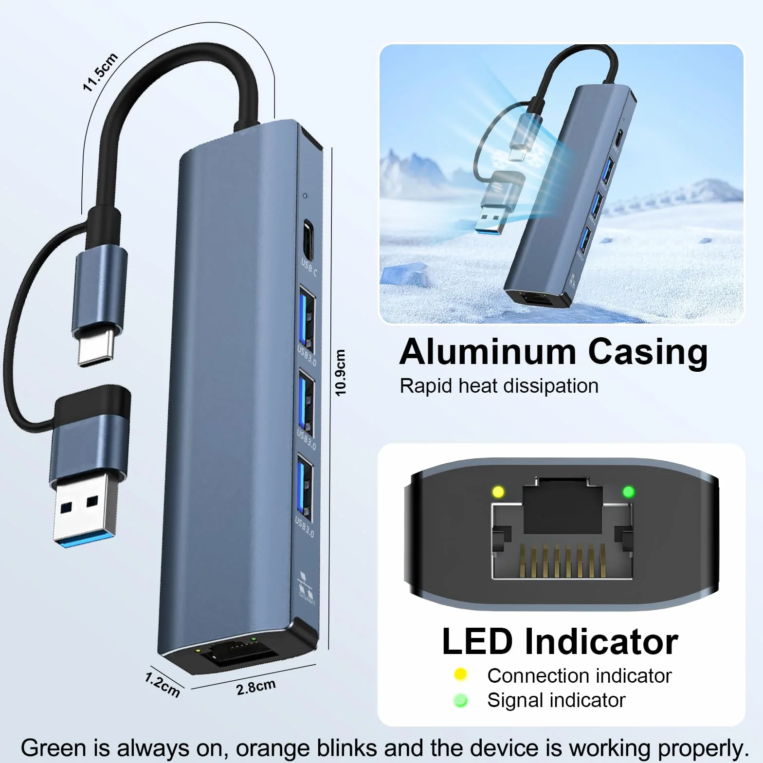 Adaptateur USB Ethernet 1000Mbps Hub Type-C 3.0 vers RJ45 Gigabit avec 3 Ports USB 3.0 et 1 Type-C