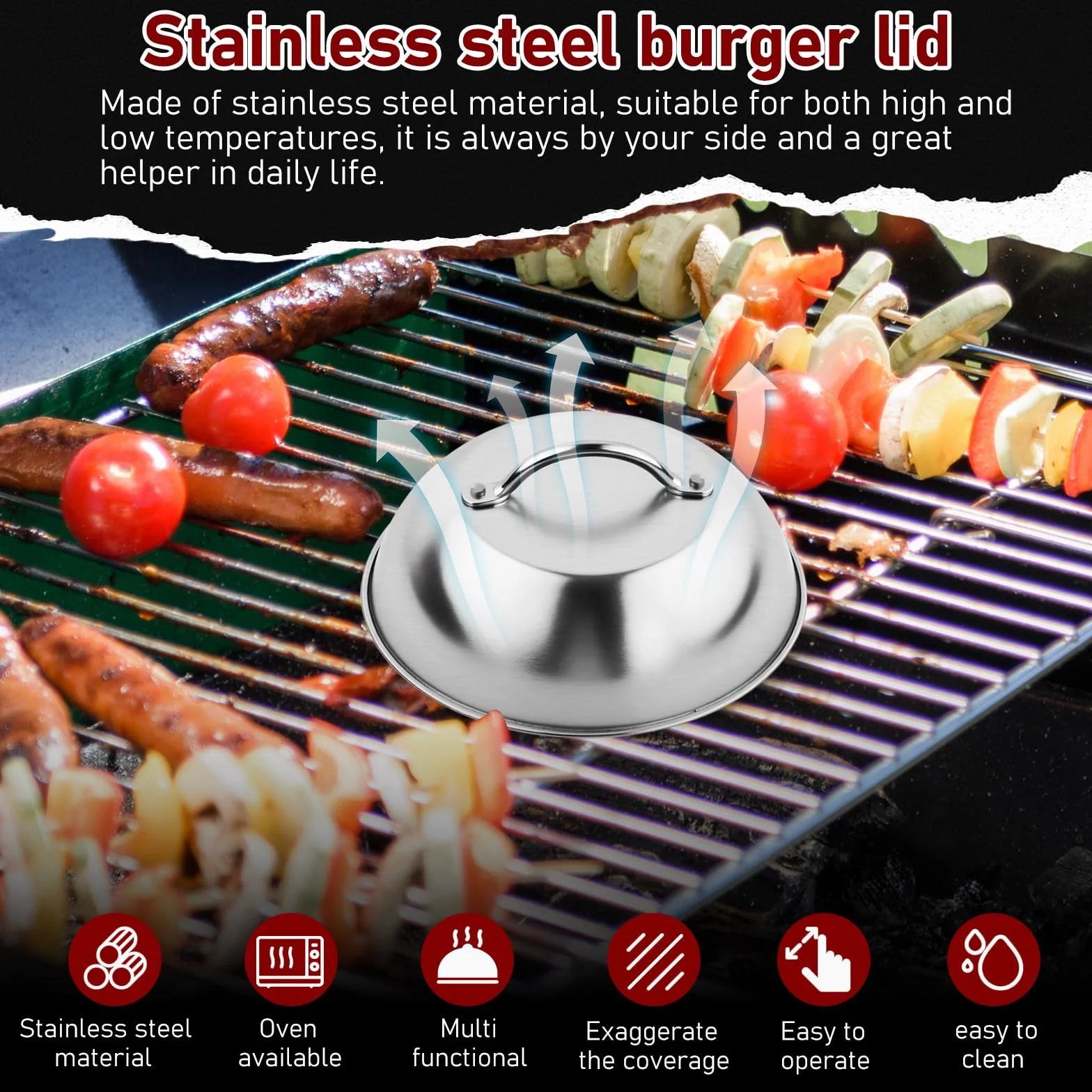 Set de 6 Pièces Smash Burger Press Kit, Acier Inoxydable, Cloche à Hamburger 15x6,5 cm, Presse à Hamburger, Spatule Plancha