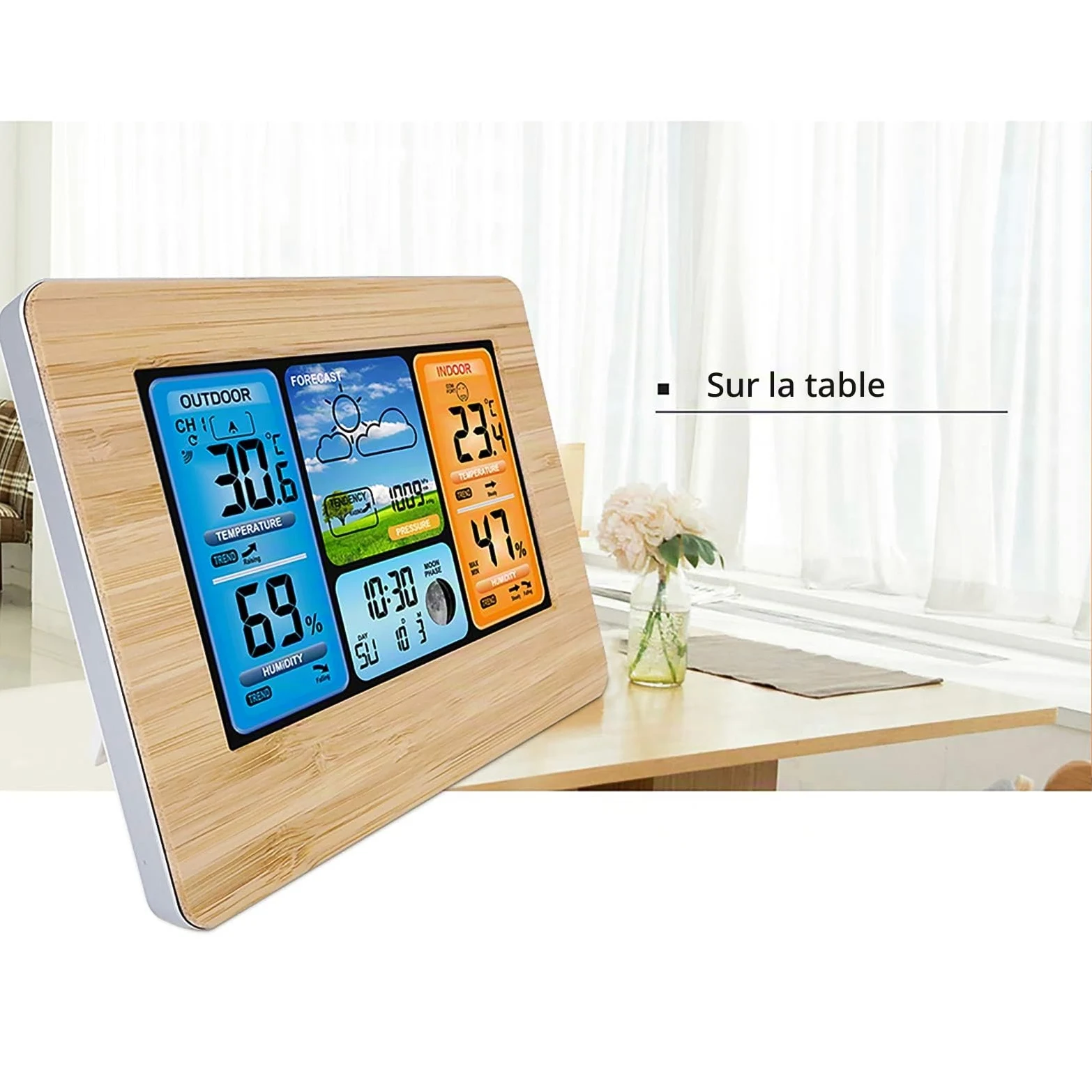 ALLOMN Stations Météo Sans Fil avec Capteur Intérieur Extérieur, Station Météo Numérique LCD avec Alerte/Température/Humidité/Barométrique/Prévisions/Réveil pour Maison Bureau Jardin (RF Jaune)
