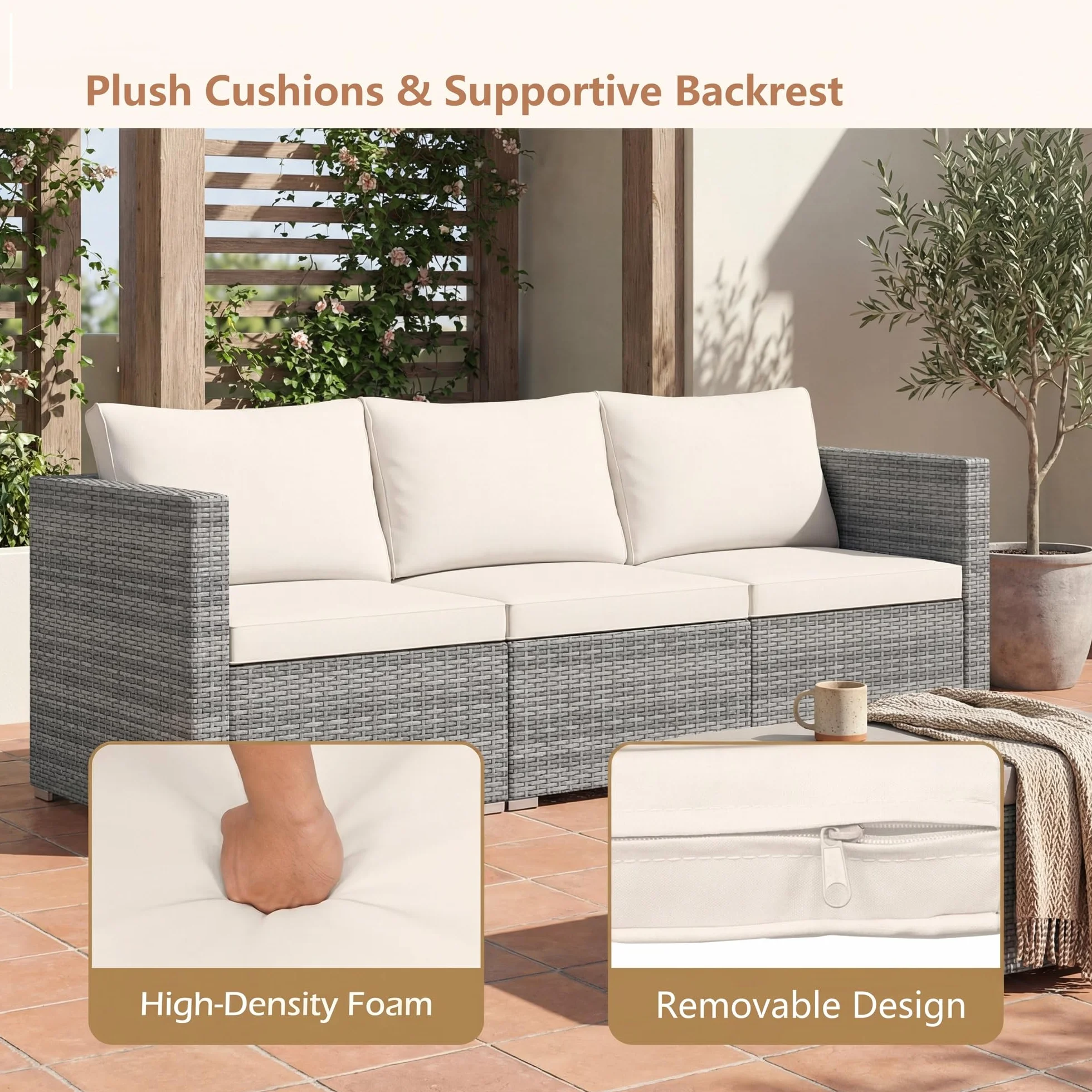 LIFEZEAL Canapé de Jardin 3 Places Rotin PE Charge 540 KG Modulable Beige