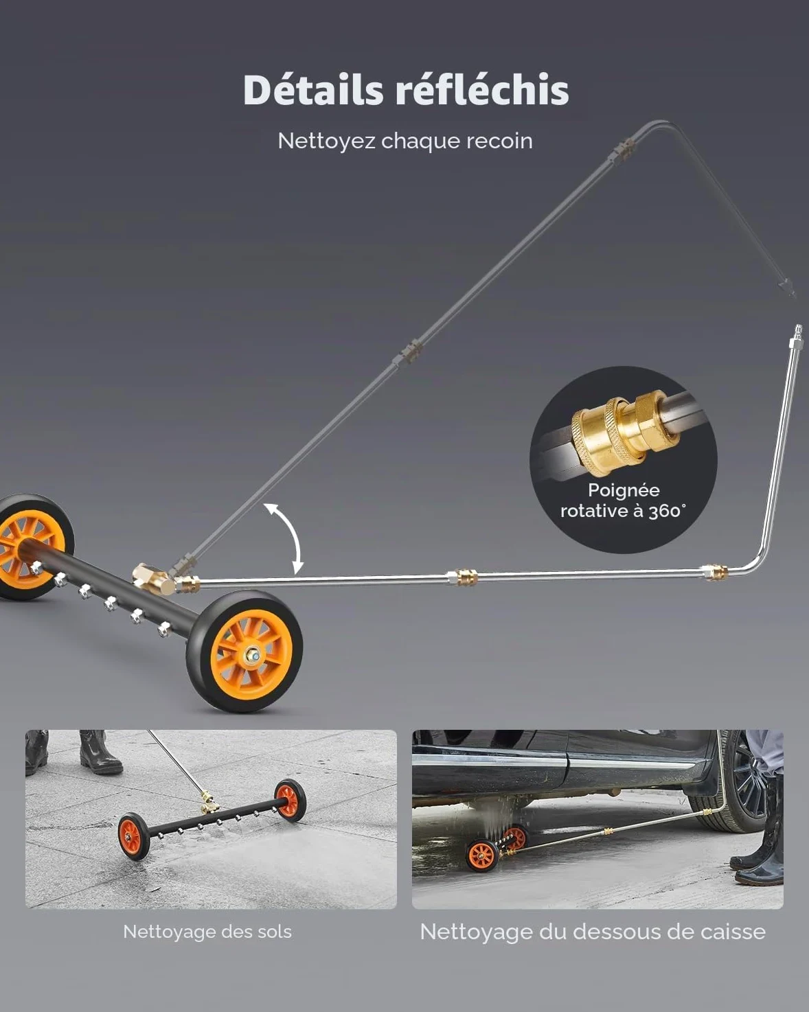 VEVOR Nettoyeur de Surface pour Nettoyeur Haute Pression 590 mm, Accessoire Nettoyeur Sol en Acier INOX sur Roues, 275 Bar Max. mécanisme de réglage d'angle 7 Buses pulvérisation 2 tiges d'extension