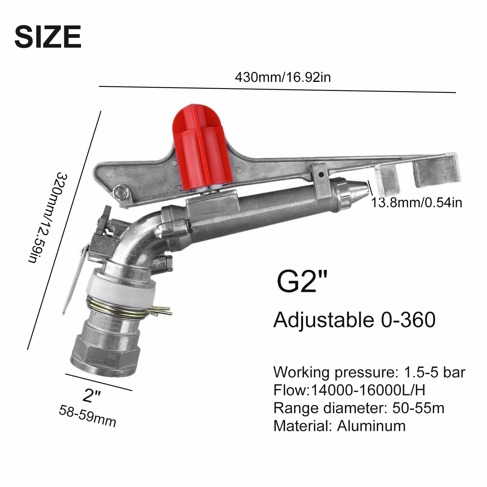 Arroseur d'irrigation agricole en alliage d'aluminium de 5,1 cm, portée de 39,6 m, arroseur robuste, tête de pulvérisation réglable à 360 degrés pour arrosage de la ferme, du jardin, de la