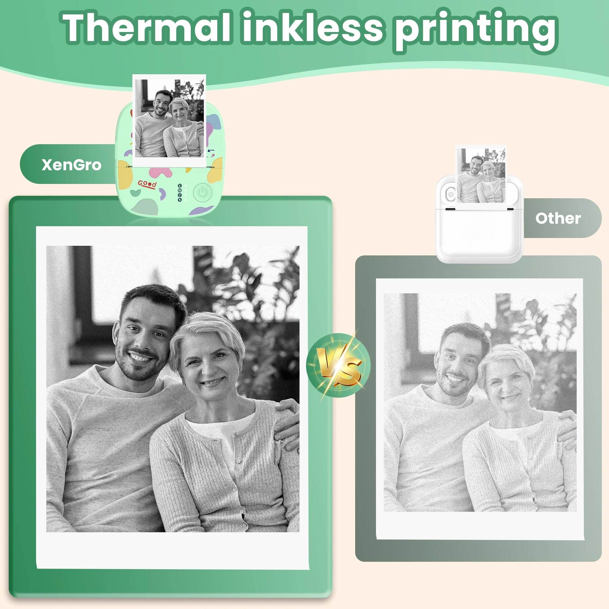 Imprimante Thermique Mini sans Encre Bluetooth Portable 3 Rouleaux Papier Vert pour Stickers Étiquettes DIY Enfants