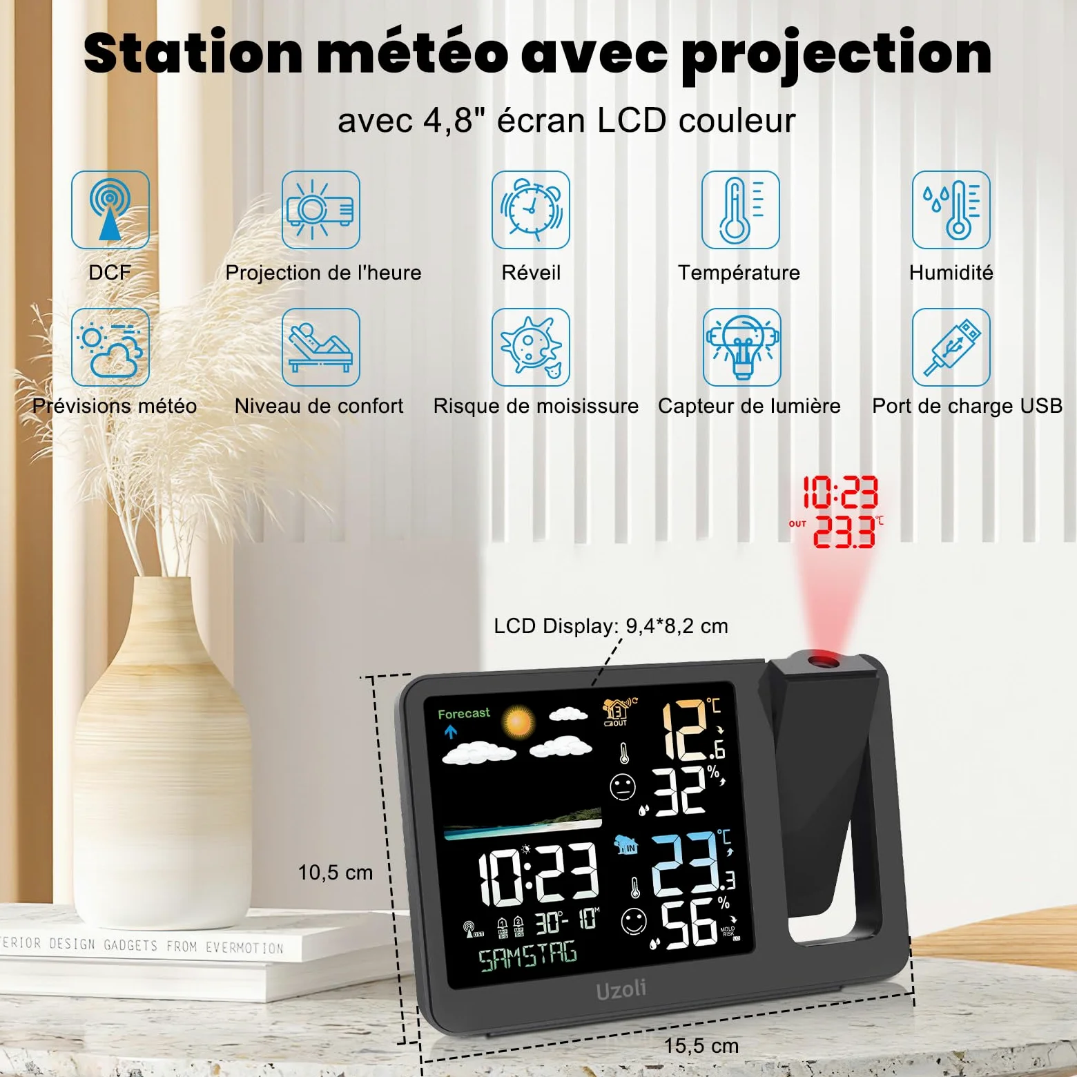 Uzoli Réveil projecteur Plafond avec capteur extérieur, Station météo | Projection heure & température, Heure radiopilotée, Humidité, Prévisions météo, Luminosité automatique, Indicateur de confort