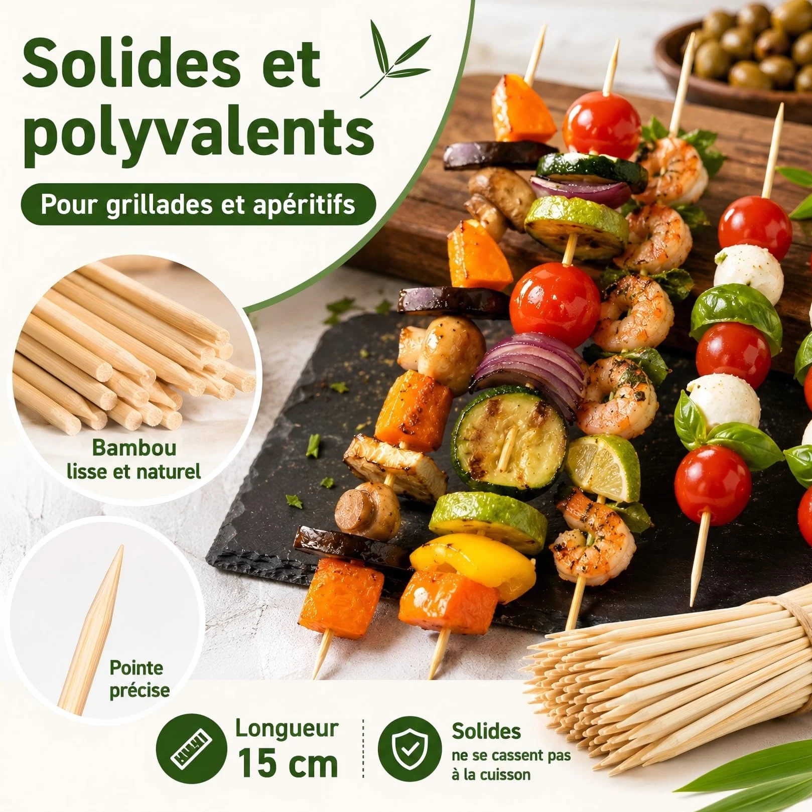 Lot de 100 Pics à Brochettes en Bois 3.5mm x 15cm pour Barbecue, Grillades, Fruits et Légumes