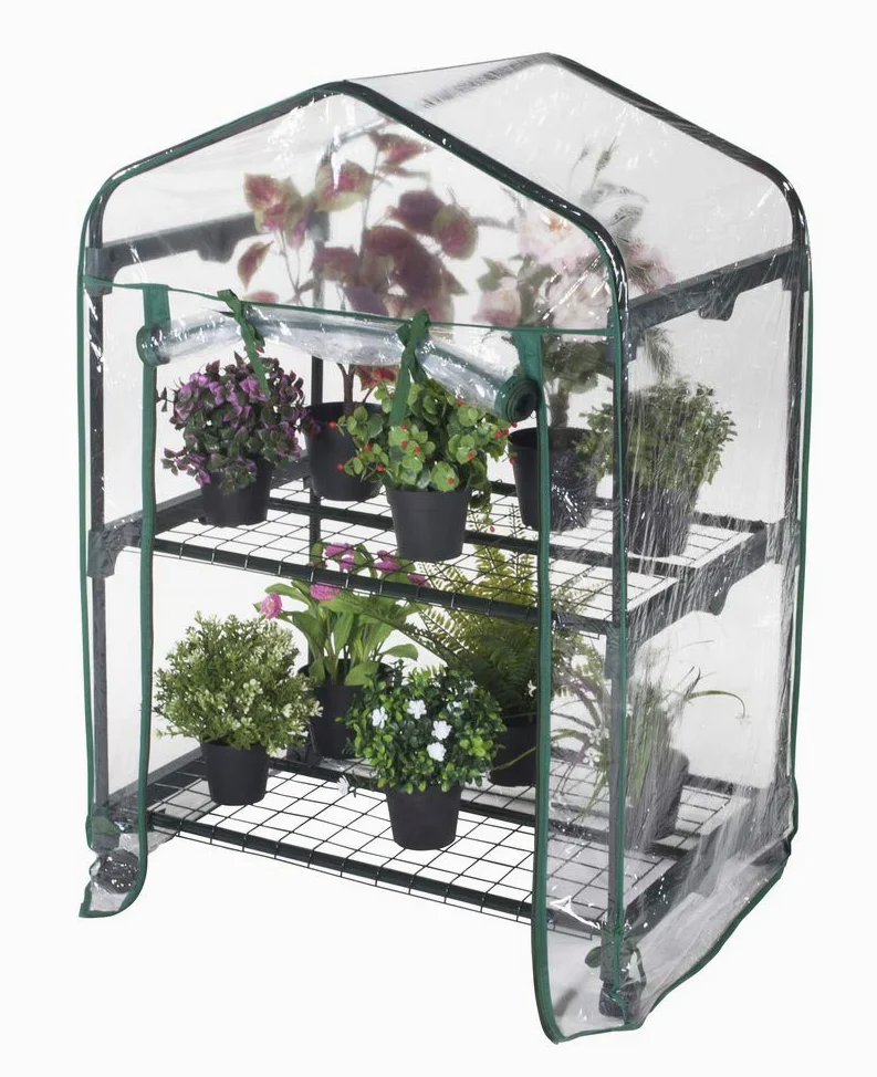 Serre avec 2 étagères en acier avec roues et bâche PVC transparente L 69 x P 49 x H 98
