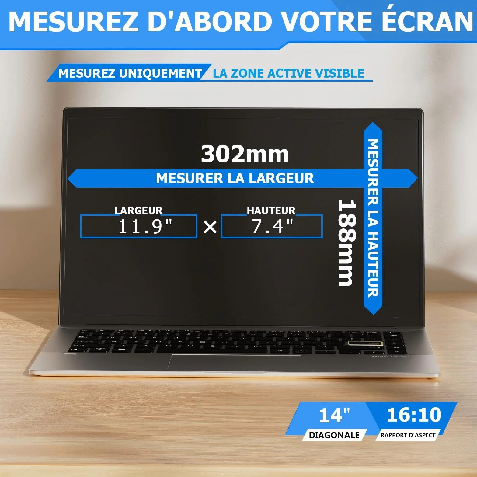 Filtre de Confidentialité 14 Pouces 16:10 Amovible Anti-Lumière Bleue Anti-éblouissement pour Ordinateur Portable