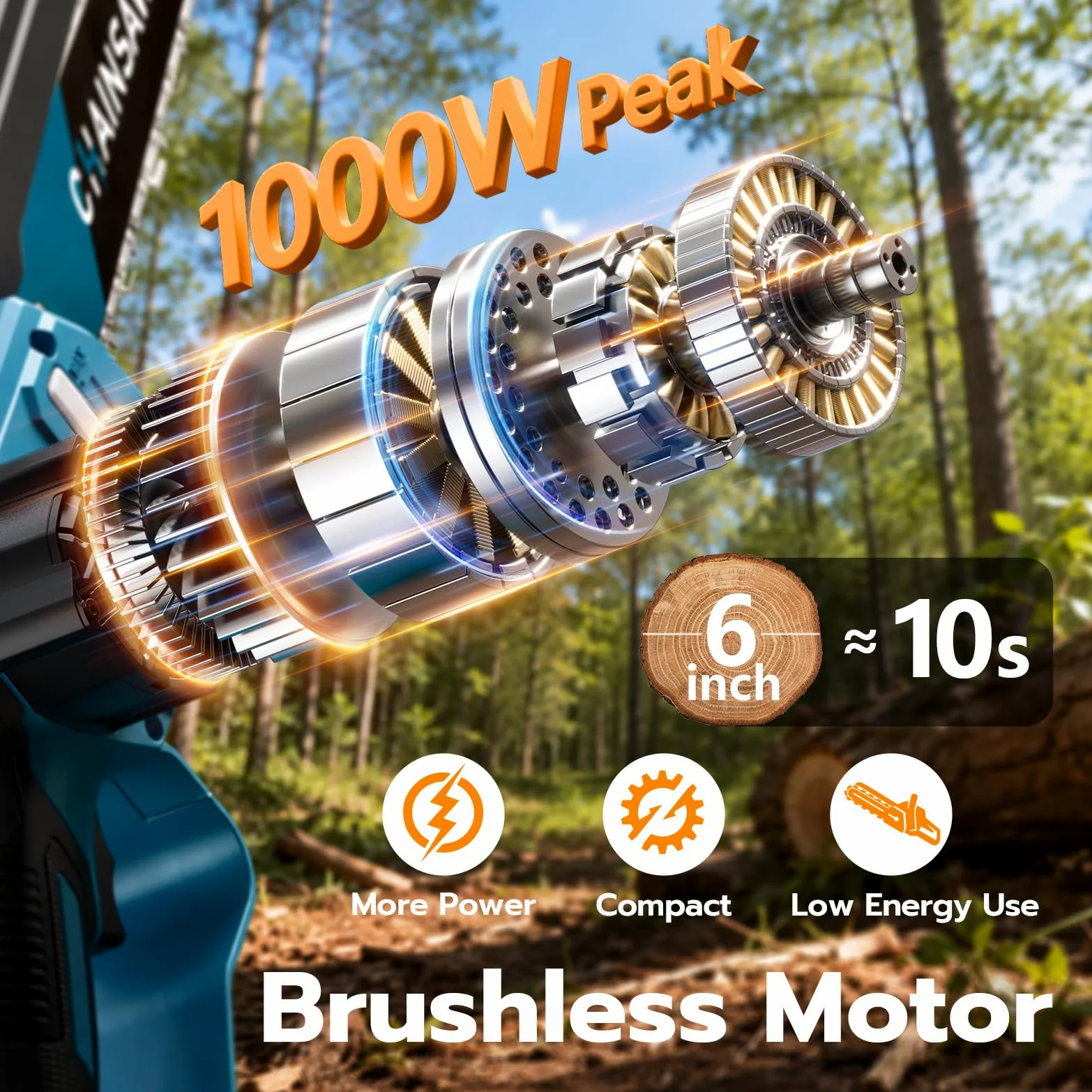 Mini Tronconneuse a Batterie 4000mAh, 6 Pouces 1000W Brushless Tronconneuse Electrique Sans Fil avec Graisseur Automatique et 3 Chaînes, 2 Batteries 2000mAh, Elagueuse Batterie Compatible avec Makita